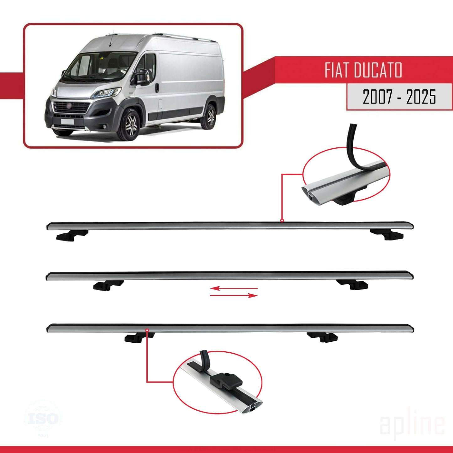 Compatible avec Fiat Ducato 3 2007-2025 BASIC Model Barres de Toit Railing Porte-Bagages de Voiture Gris Aluminium 3 Barres