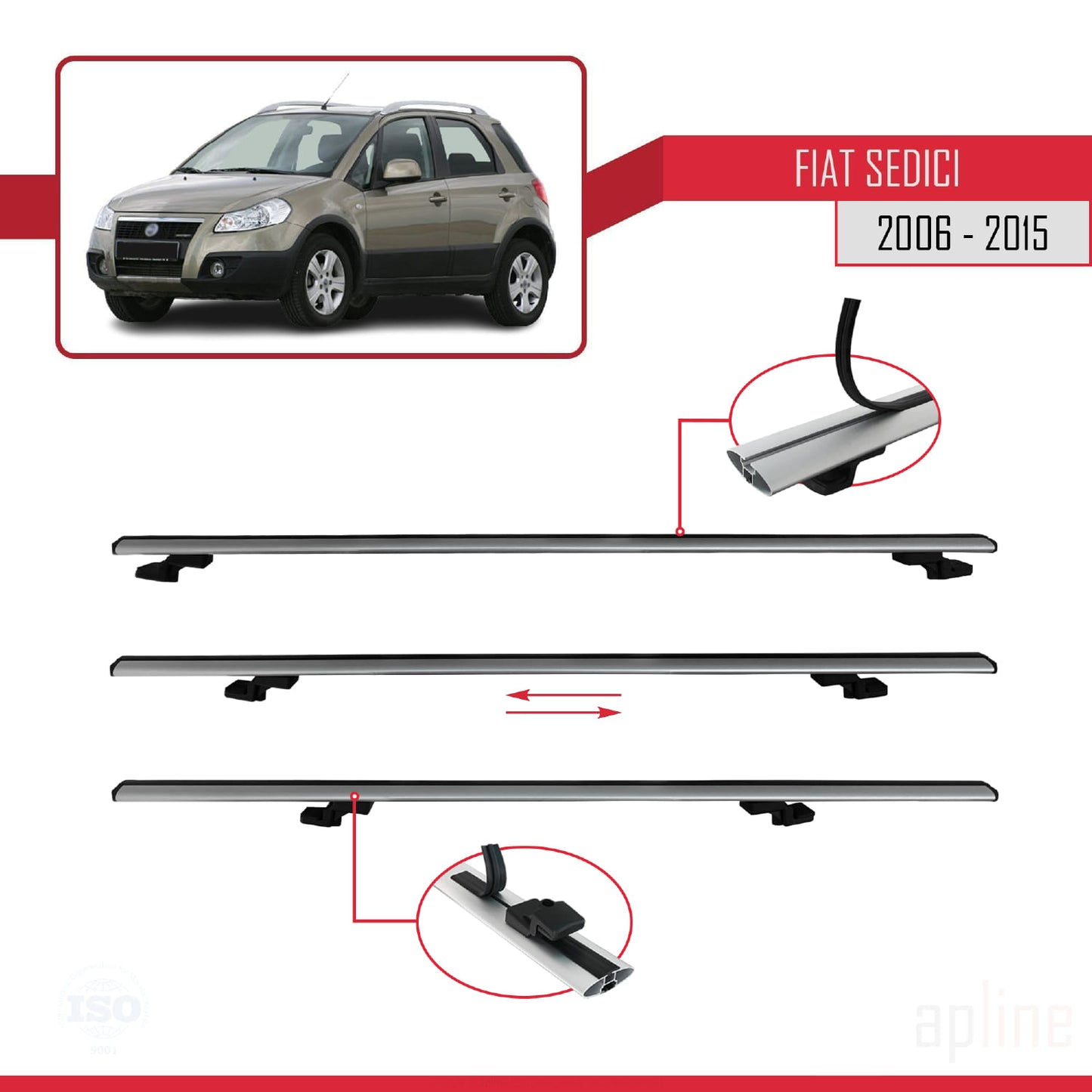 Compatible avec Fiat Sedici 2006-2015 BASIC Model Barres de Toit Railing Porte-Bagages de Voiture Gris Aluminium 2 Barres