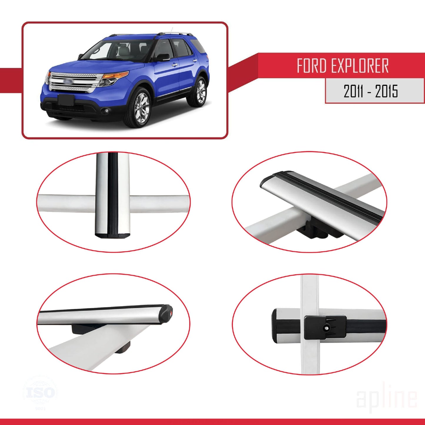 Compatible avec Ford Explorer 5 (U502) Pre-Facelift 2011-2015 BASIC Model Barres de Toit Railing Porte-Bagages de Voiture Gris Aluminium 4 Barres