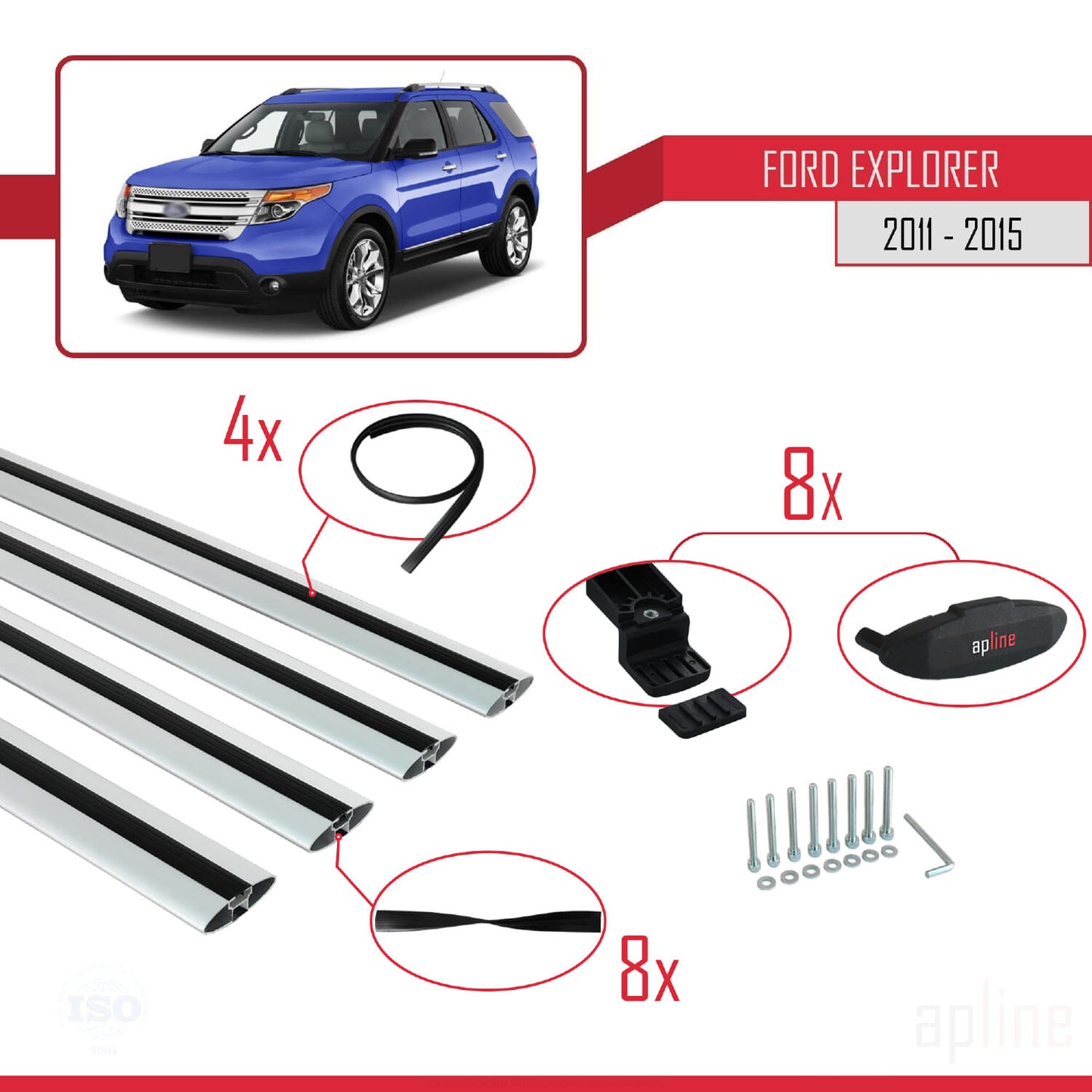 Compatible avec Ford Explorer 5 (U502) Pre-Facelift 2011-2015 BASIC Model Barres de Toit Railing Porte-Bagages de Voiture Gris Aluminium 4 Barres