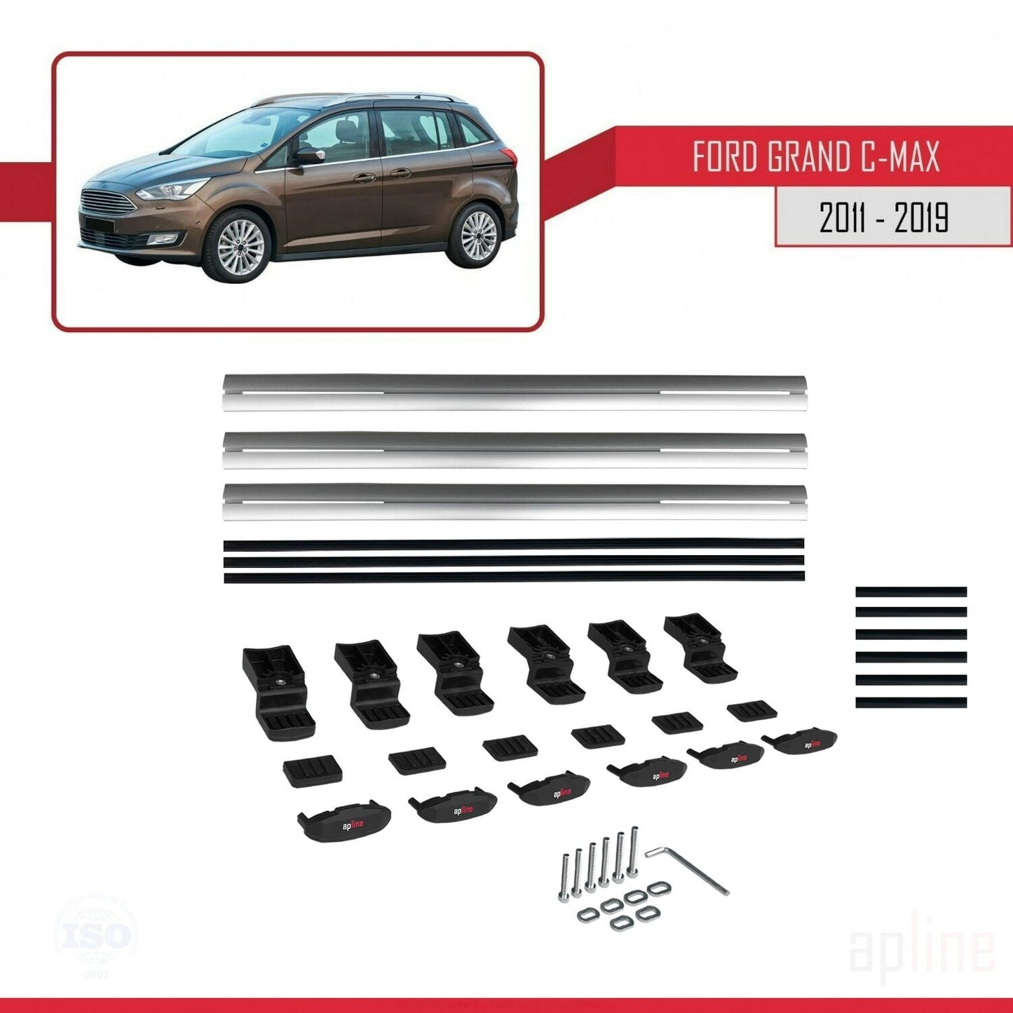 Compatible avec Ford Grand C-Max (C344) 2011-2019 BASIC Model Barres de Toit Railing Porte-Bagages de Voiture Gris Aluminium 3 Barres