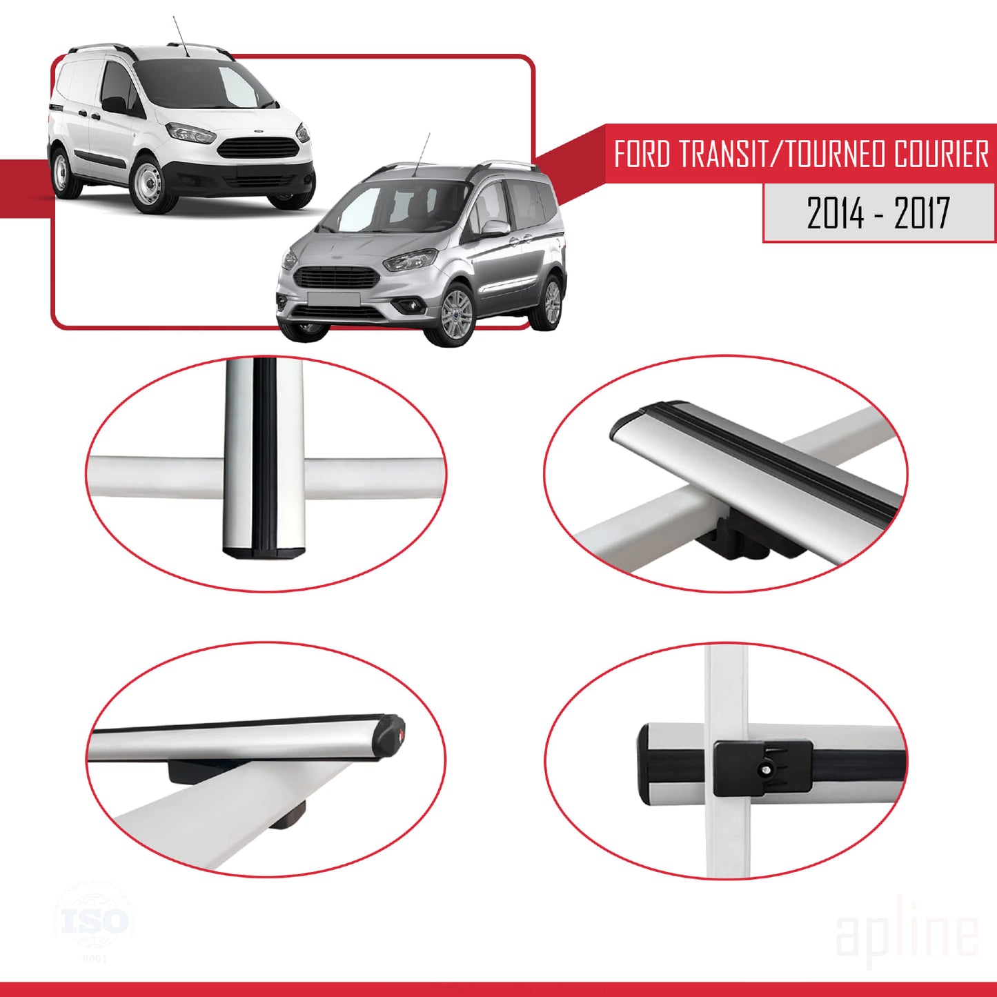 Compatible with Ford Transit/Tourneo Courier Pre-Facelift 2014-2017 BASIC Model Car Roof Rack Cross Bar Grey Aluminium 3 Bars