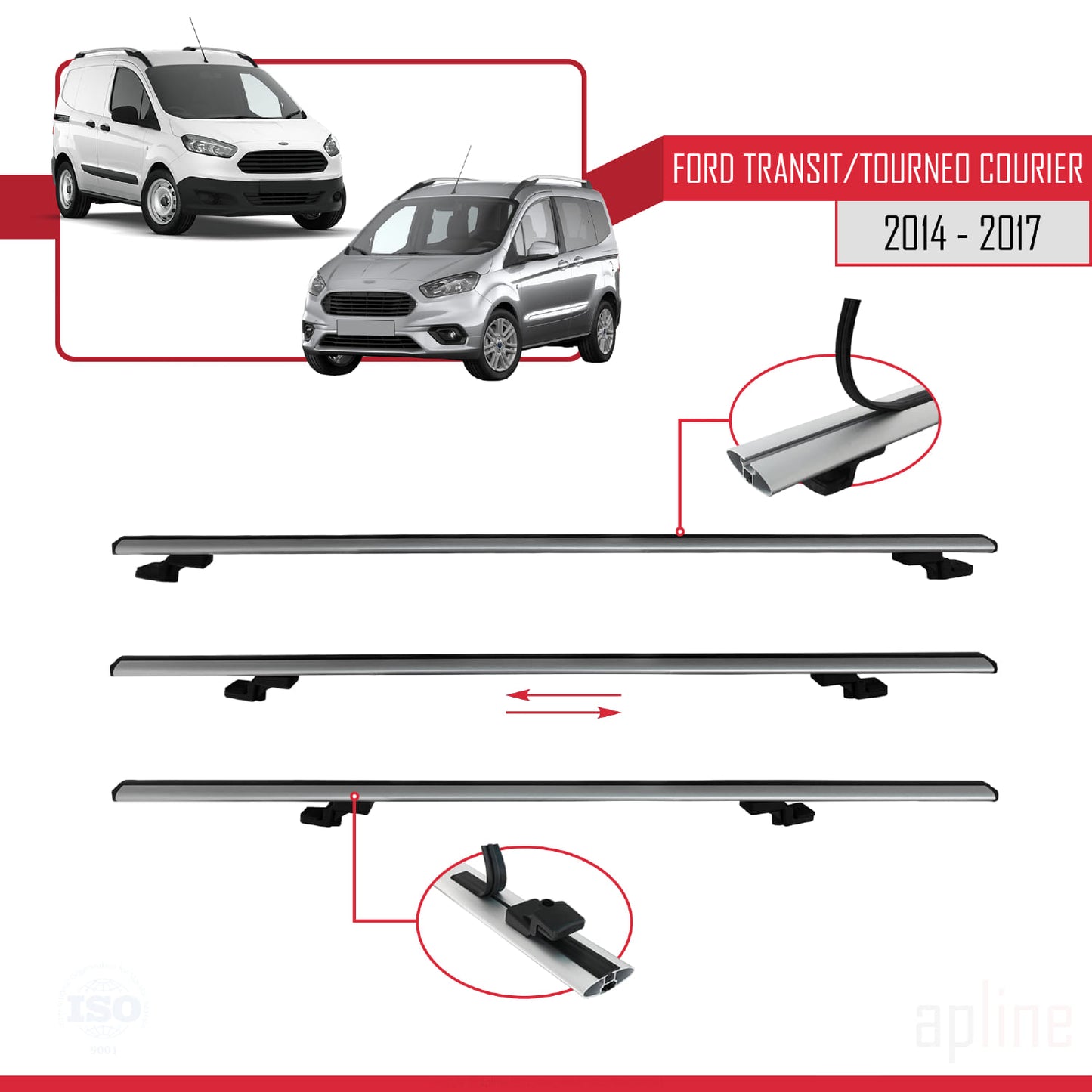 Compatible with Ford Transit/Tourneo Courier Pre-Facelift 2014-2017 BASIC Model Car Roof Rack Cross Bar Grey Aluminium 2 Bars