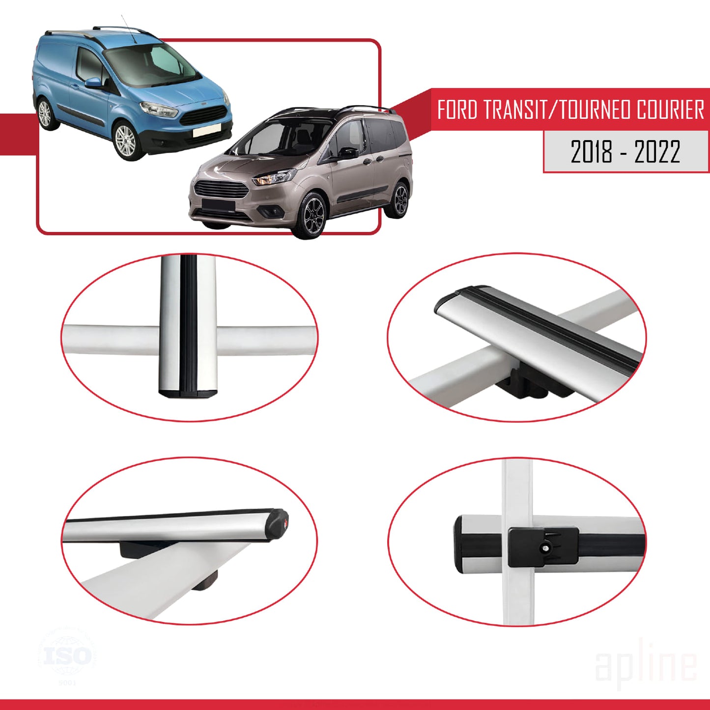Compatible avec Ford Transit/Tourneo Courier Post-Facelift 2018-2022 BASIC Model Barres de Toit Railing Porte-Bagages de Voiture Gris Aluminium 3 Barres