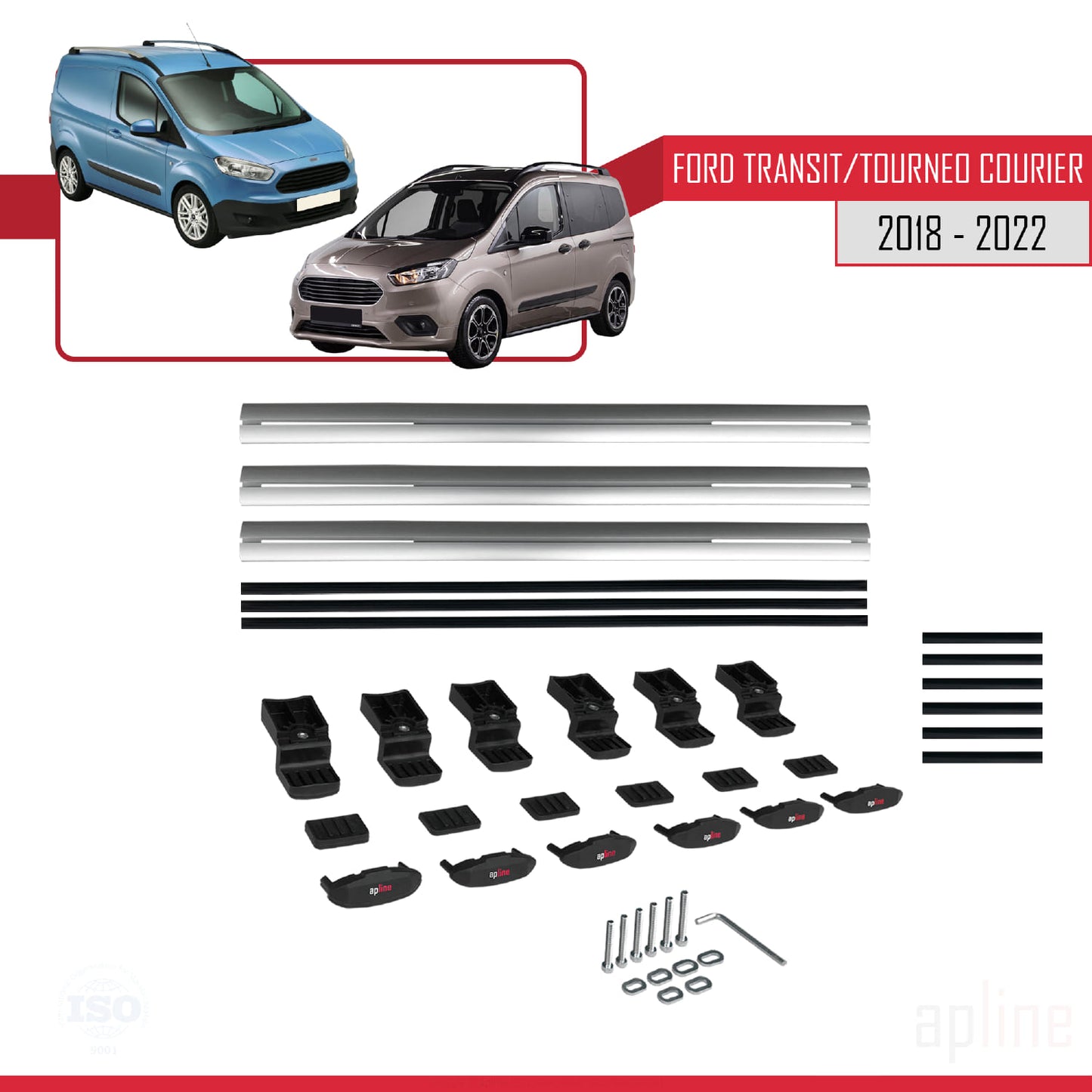 Compatible avec Ford Transit/Tourneo Courier Post-Facelift 2018-2022 BASIC Model Barres de Toit Railing Porte-Bagages de Voiture Gris Aluminium 3 Barres