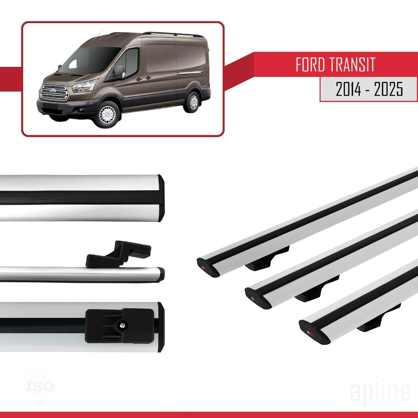 Compatible avec Ford Transit 2014-2025 BASIC Model Barres de Toit Railing Porte-Bagages de Voiture Gris Aluminium 3 Barres