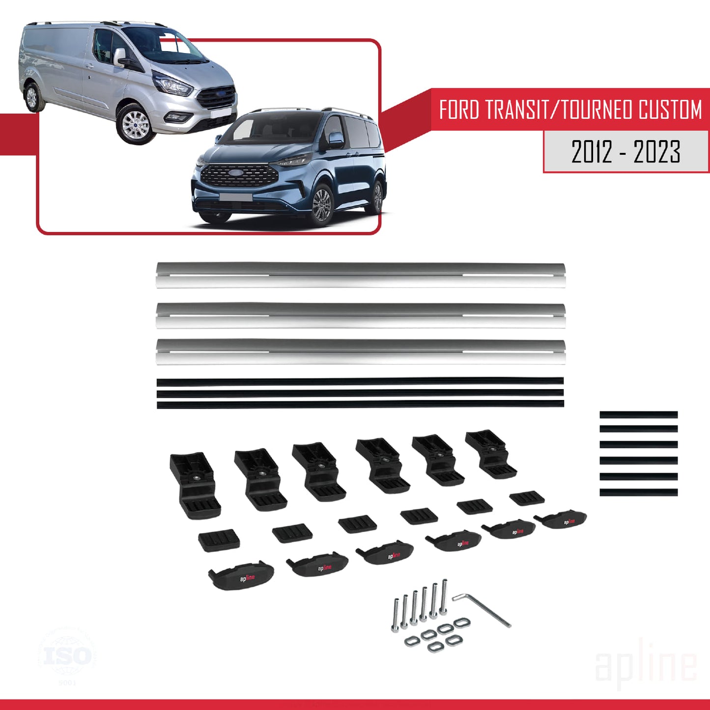 Compatible avec Ford Transit/Tourneo Custom 2012-2023 BASIC Model Barres de Toit Railing Porte-Bagages de Voiture Gris Aluminium 3 Barres