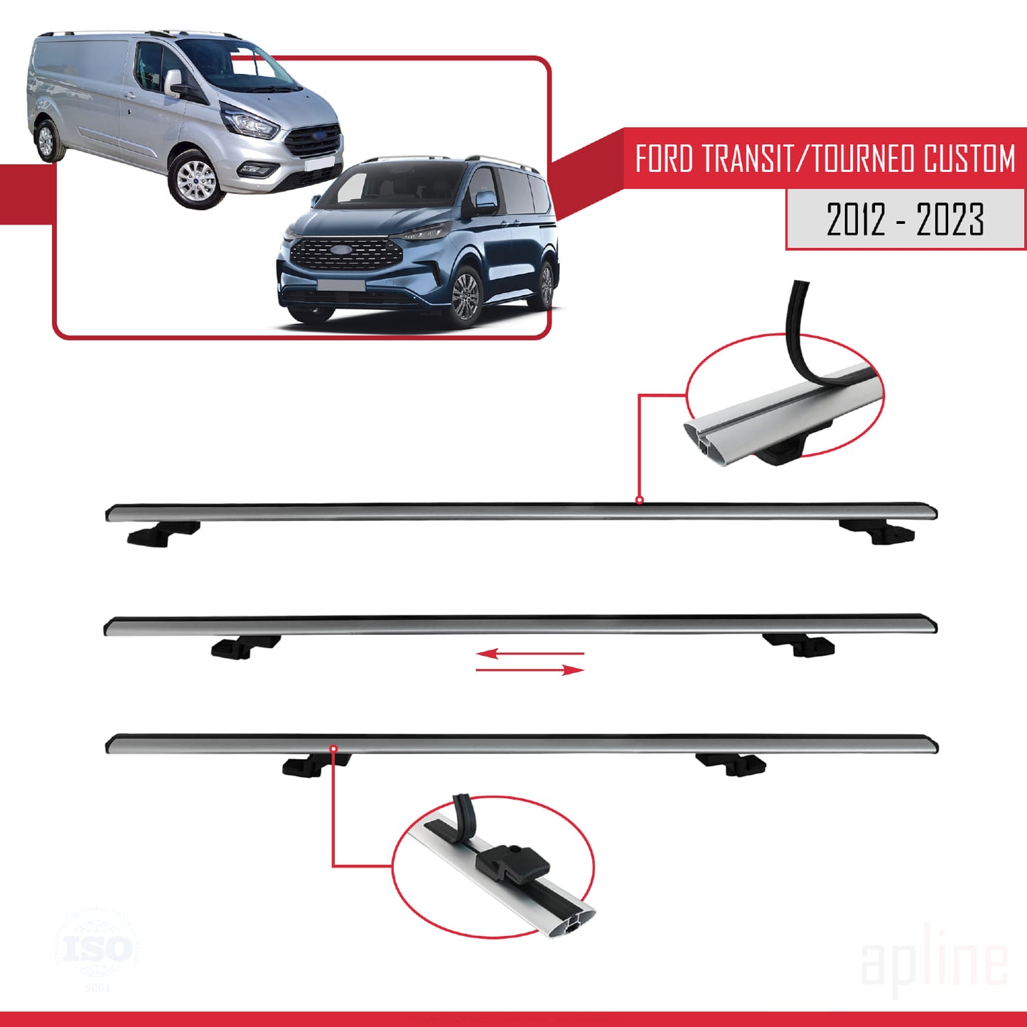 Compatible avec Ford Transit/Tourneo Custom 2012-2023 BASIC Model Barres de Toit Railing Porte-Bagages de Voiture Gris Aluminium 2 Barres