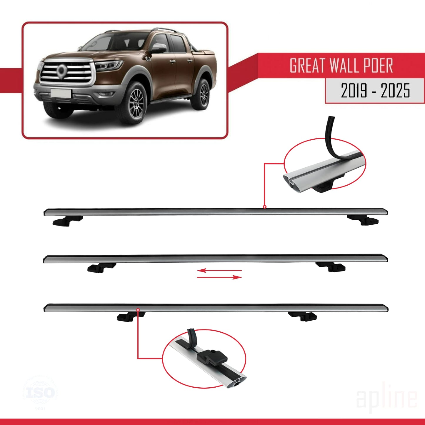 Compatible avec Great Wall Poer 2019-2025 BASIC Model Barres de Toit Railing Porte-Bagages de Voiture Gris Aluminium 2 Barres