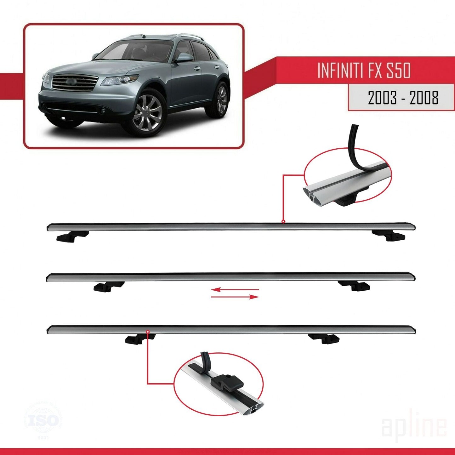 Compatible avec Infiniti FX (S50) 2003-2008 BASIC Model Barres de Toit Railing Porte-Bagages de Voiture Gris Aluminium 2 Barres