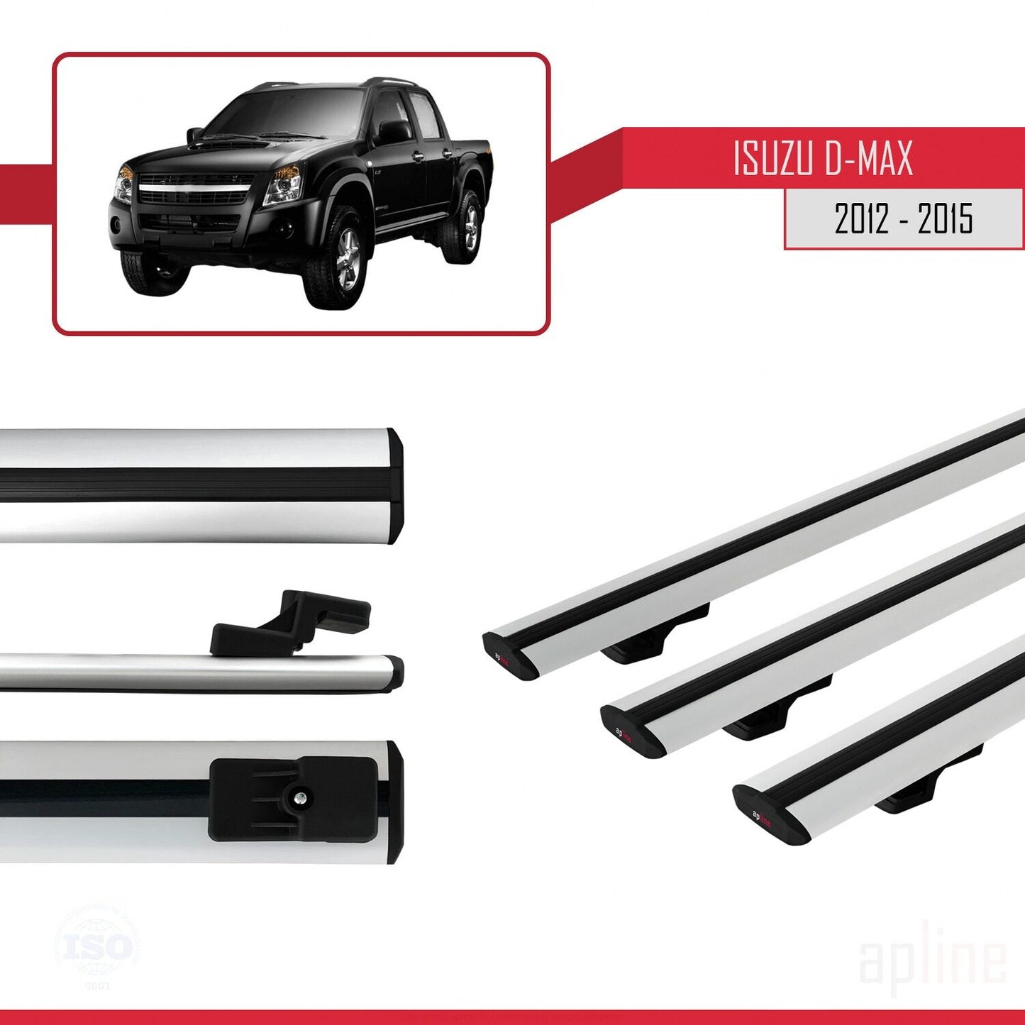Compatible with Isuzu D-Max 2 (RT50) Pre-Facelift 2012-2015 BASIC Model Car Roof Rack Cross Bar Grey Aluminium 3 Bars