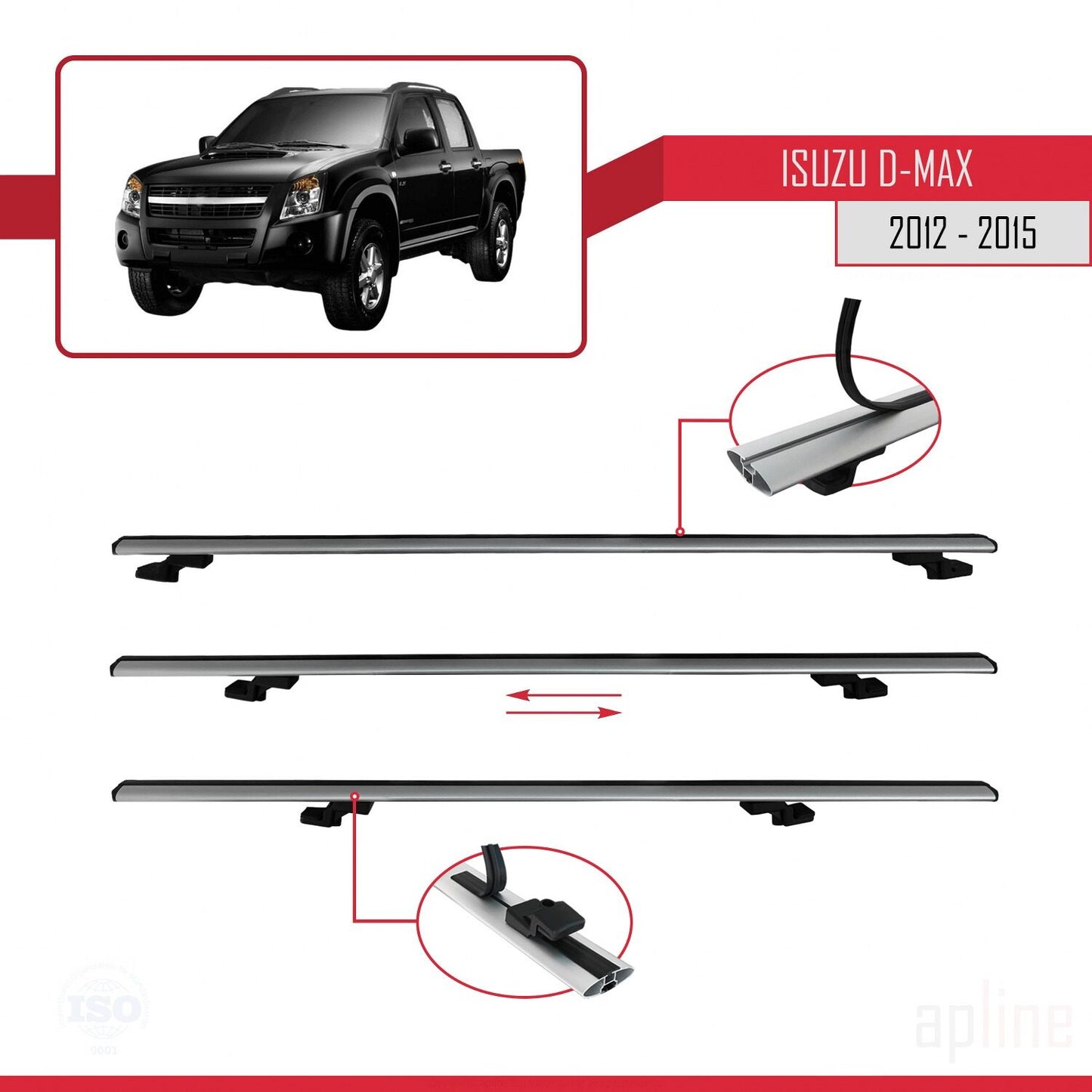 Compatible with Isuzu D-Max 2 (RT50) Pre-Facelift 2012-2015 BASIC Model Car Roof Rack Cross Bar Grey Aluminium 3 Bars