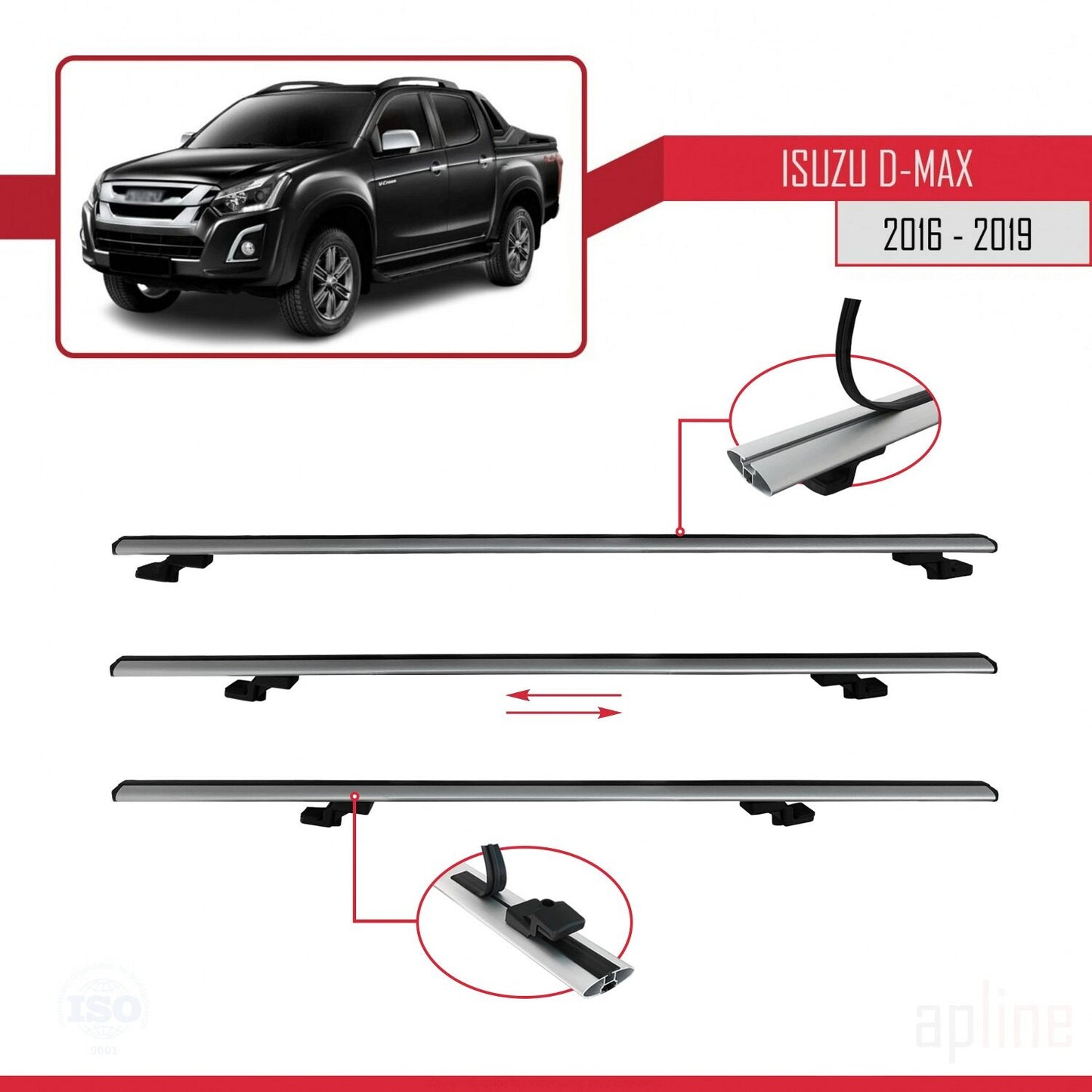 Compatible avec Isuzu D-Max 2 (RT85) Post-Facelift 2016-2019 BASIC Model Barres de Toit Railing Porte-Bagages de Voiture Gris Aluminium 3 Barres