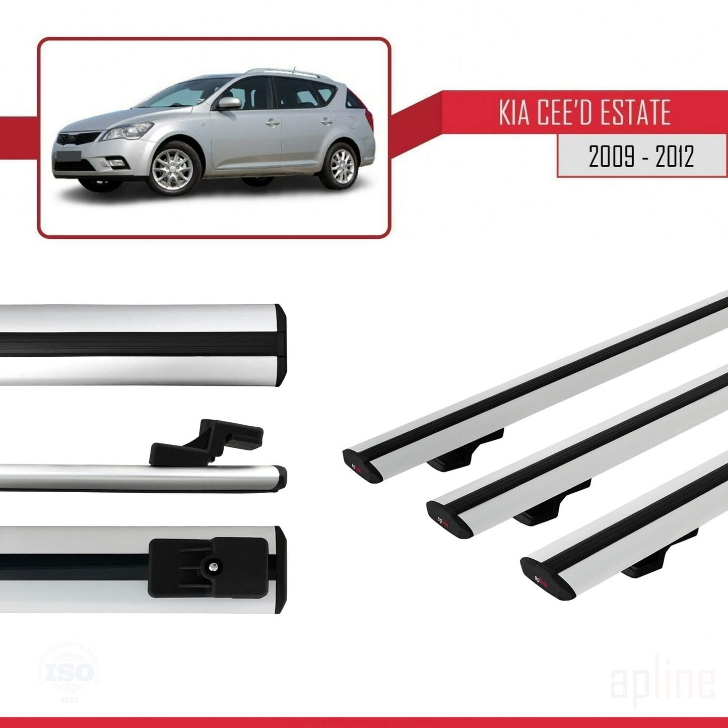 Compatible avec Kia Ceed (ED) Break Post-Facelift 2009-2012 BASIC Model Barres de Toit Railing Porte-Bagages de Voiture Gris Aluminium 3 Barres