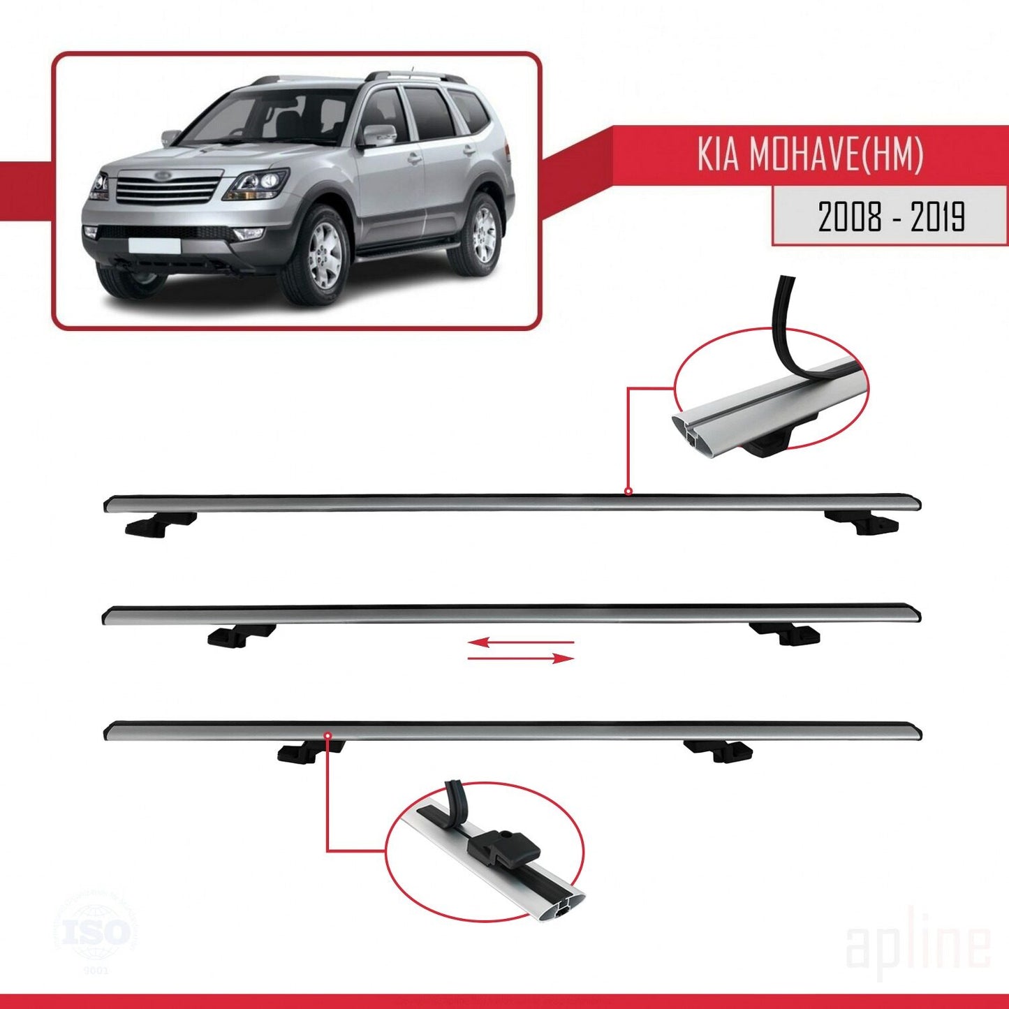 Compatible avec Kia Mohave (HM) 2008-2019 BASIC Model Barres de Toit Railing Porte-Bagages de Voiture Gris Aluminium 3 Barres