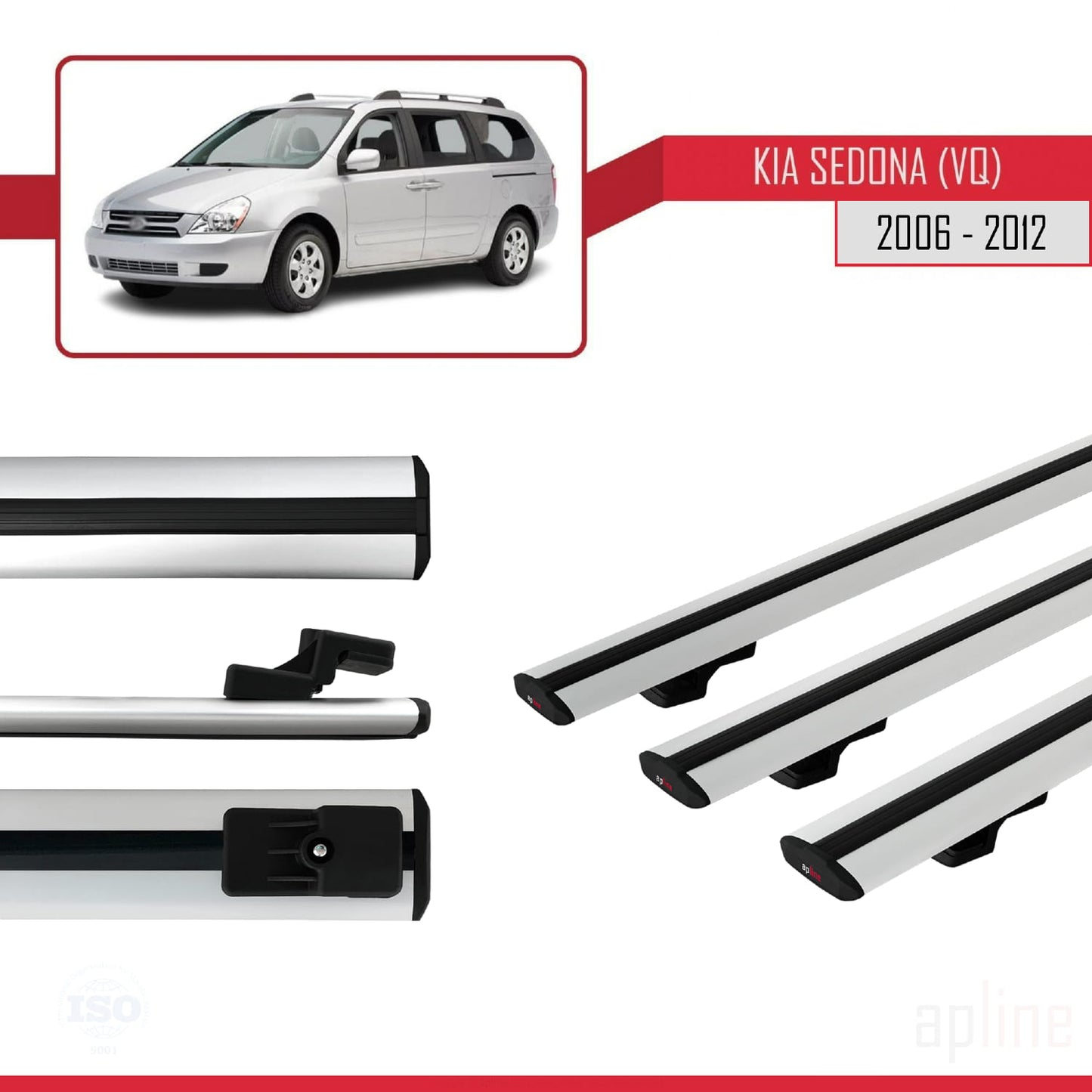 Compatible avec Kia Sedona 2 (VQ) 2006-2012 BASIC Model Barres de Toit Railing Porte-Bagages de Voiture Gris Aluminium 3 Barres