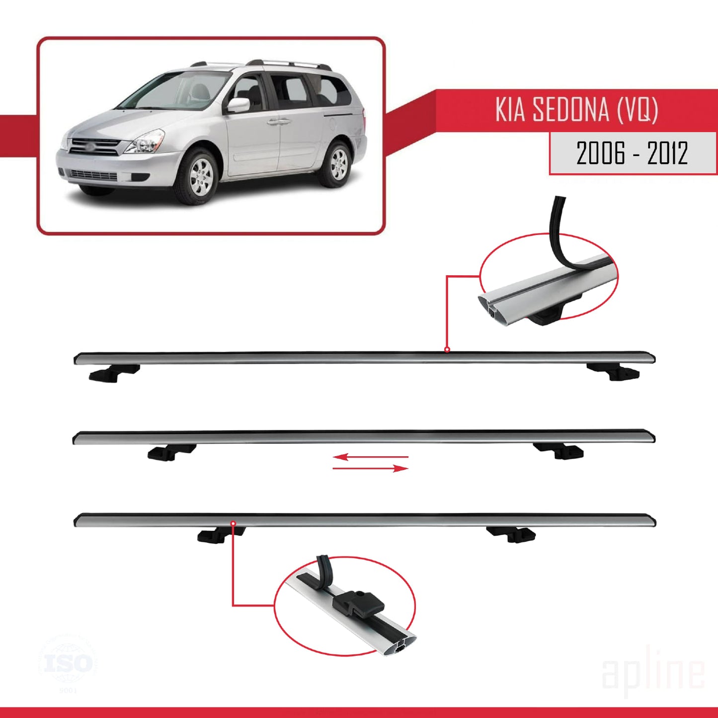 Compatible avec Kia Sedona 2 (VQ) 2006-2012 BASIC Model Barres de Toit Railing Porte-Bagages de Voiture Gris Aluminium 3 Barres