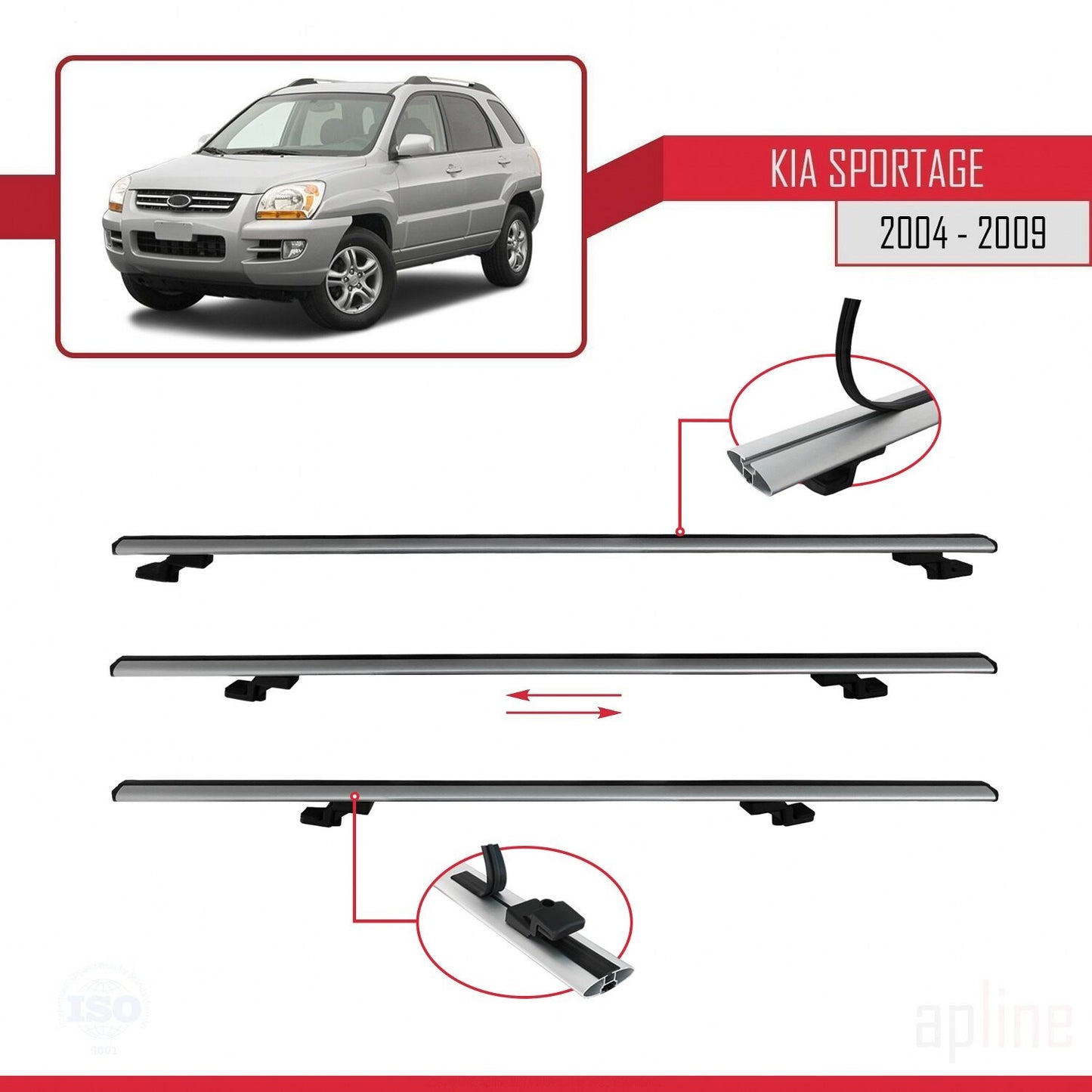 Compatible avec Kia Sportage 2 (JE) 2004-2009 BASIC Model Barres de Toit Railing Porte-Bagages de Voiture Gris Aluminium 3 Barres