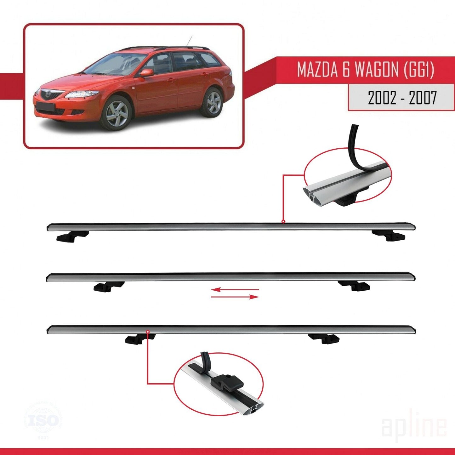Compatible avec Mazda 6 I (GG1) 2002-2007 BASIC Model Barres de Toit Railing Porte-Bagages de Voiture Gris Aluminium 2 Barres