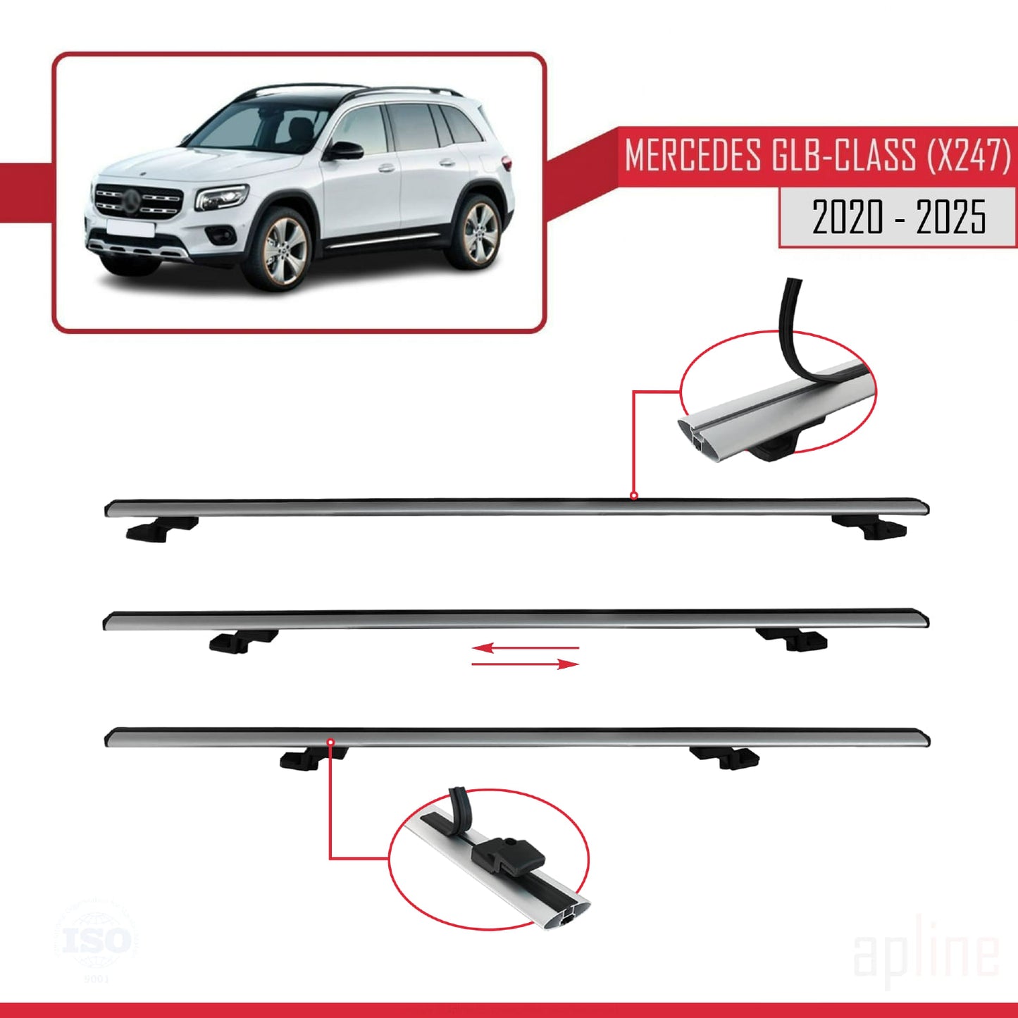 Compatible avec Mercedes Classe GLB (X247) 2020-2025 BASIC Model Barres de Toit Railing Porte-Bagages de Voiture Gris Aluminium 2 Barres