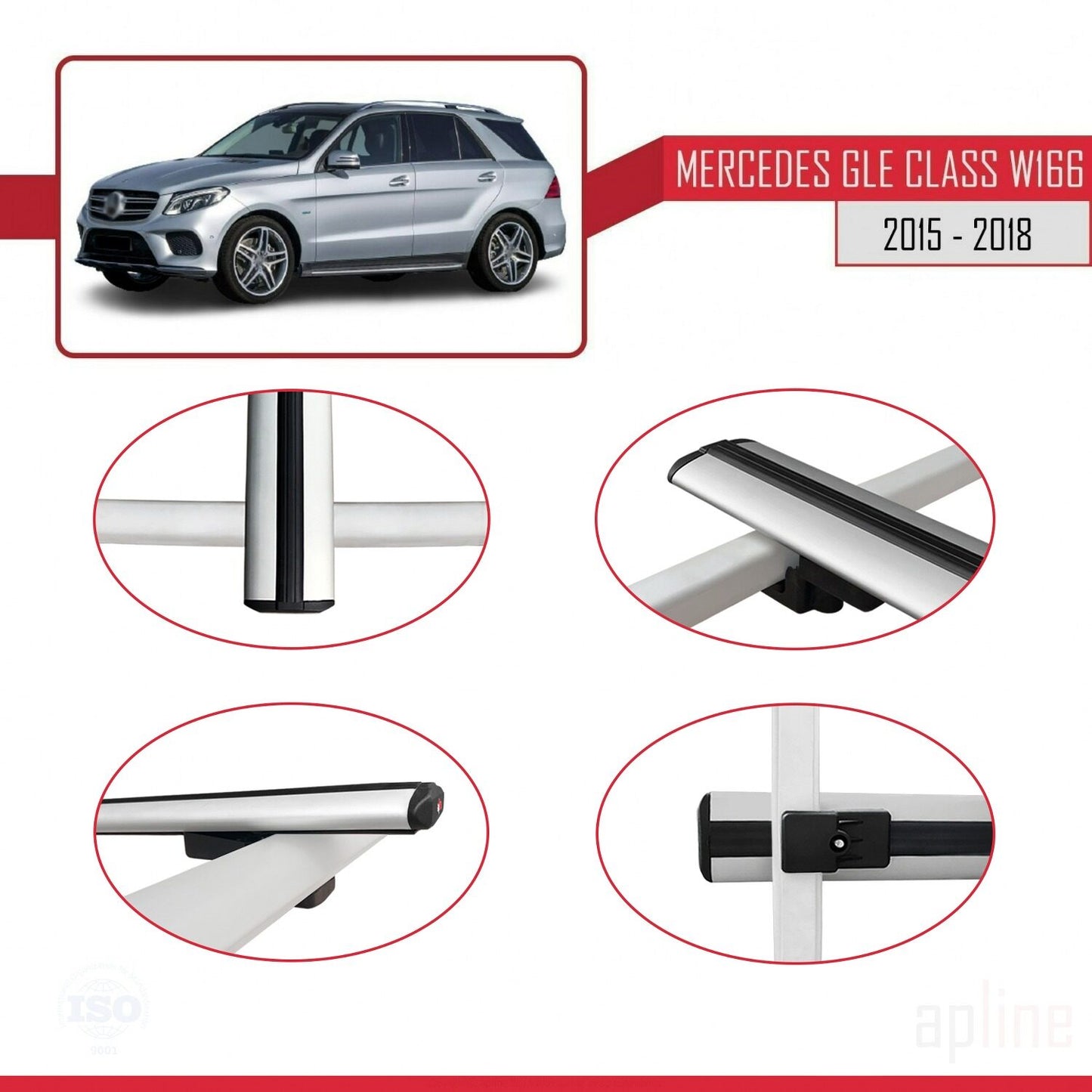Compatible with Mercedes GLE Class 3 (W166) 2015-2018 BASIC Model Car Roof Rack Cross Bar Grey Aluminium 2 Bars