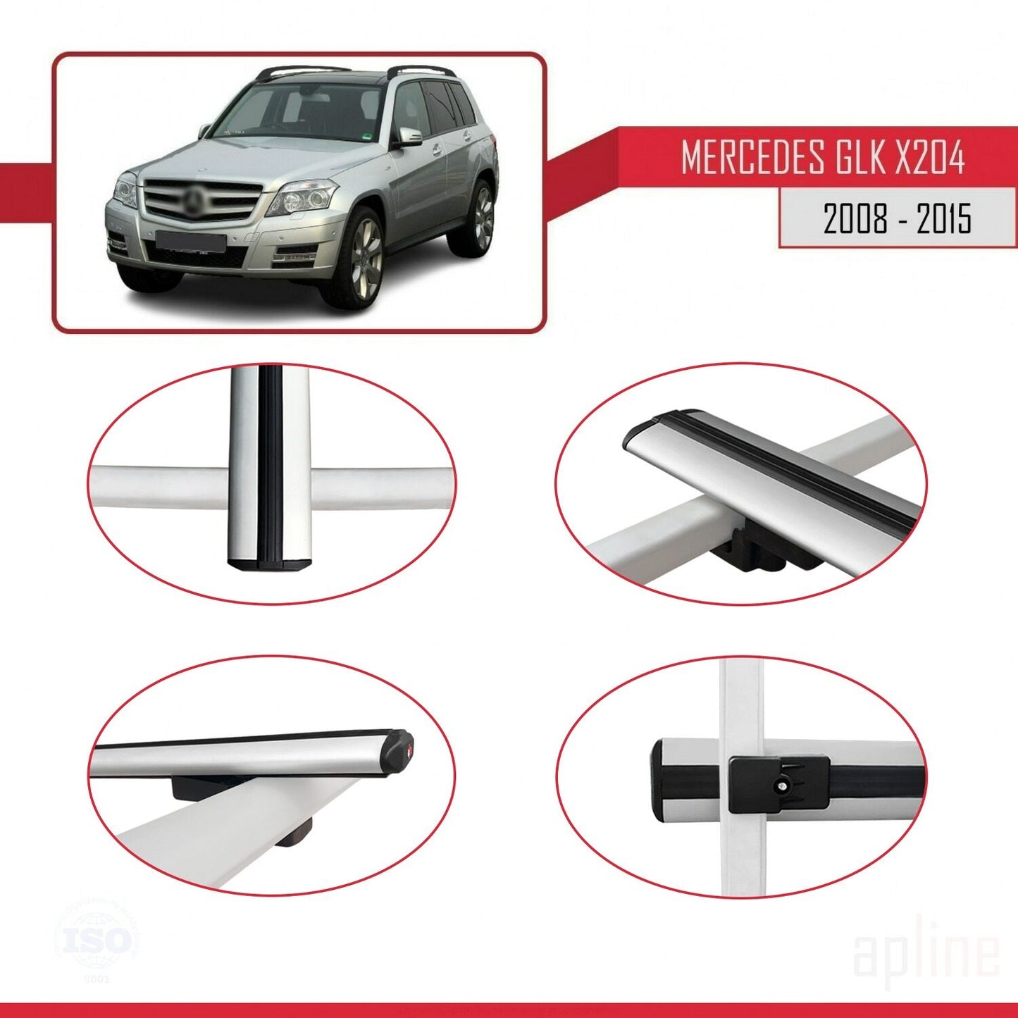 Compatible with Mercedes GLK Class (X204) 2008-2015 BASIC Model Car Roof Rack Cross Bar Grey Aluminium 3 Bars