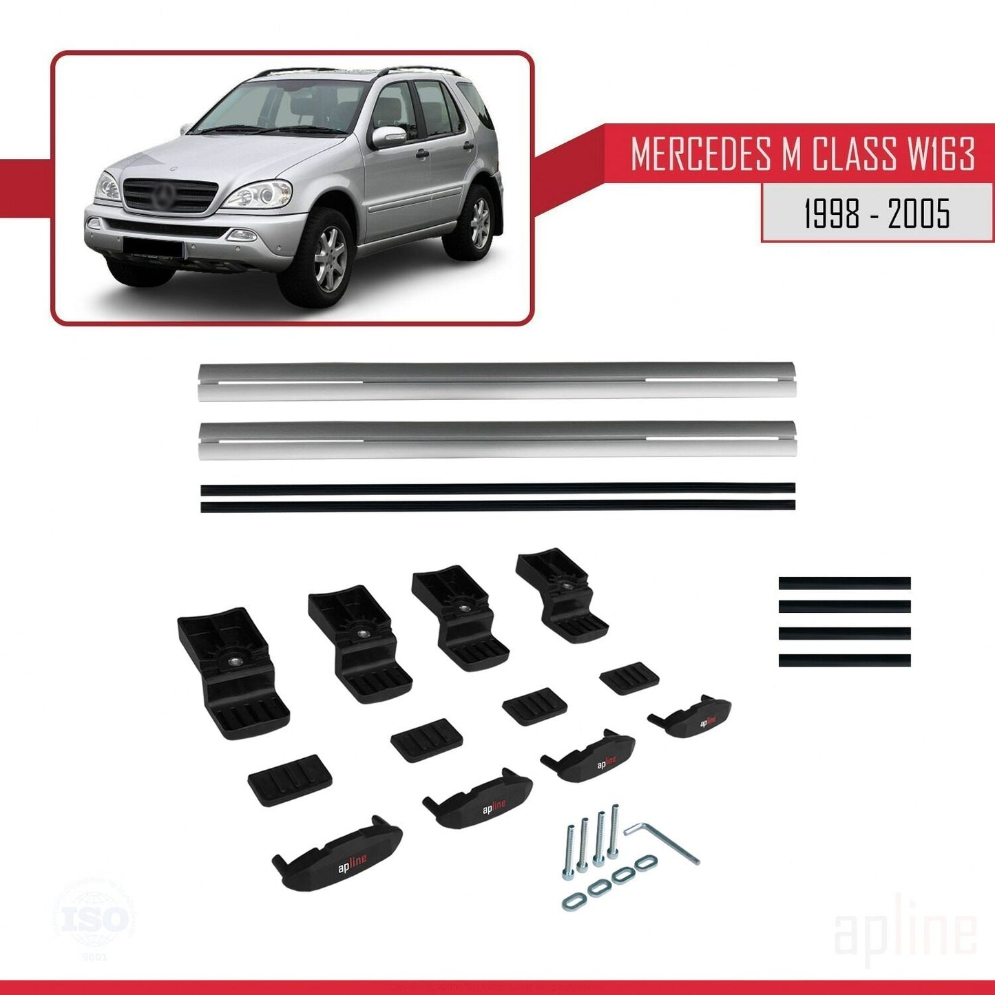 Compatible with Mercedes M Class (W163) 1998-2005 BASIC Model Car Roof Rack Cross Bar Grey Aluminium 2 Bars