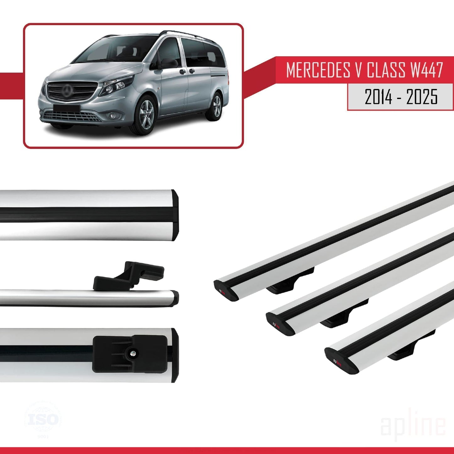 Compatible with Mercedes V Class 3 (W447) 2014-2025 BASIC Model Car Roof Rack Cross Bar Grey Aluminium 3 Bars