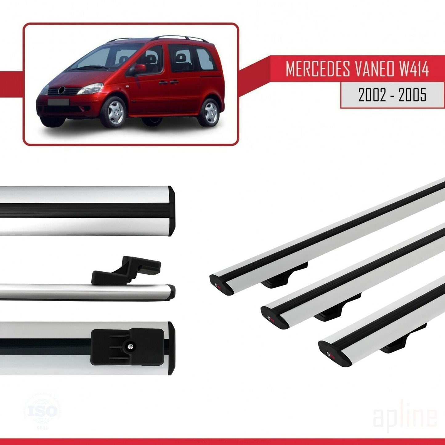 Compatible avec Mercedes Vaneo (W414) 2002-2005 BASIC Model Barres de Toit Railing Porte-Bagages de Voiture Gris Aluminium 3 Barres