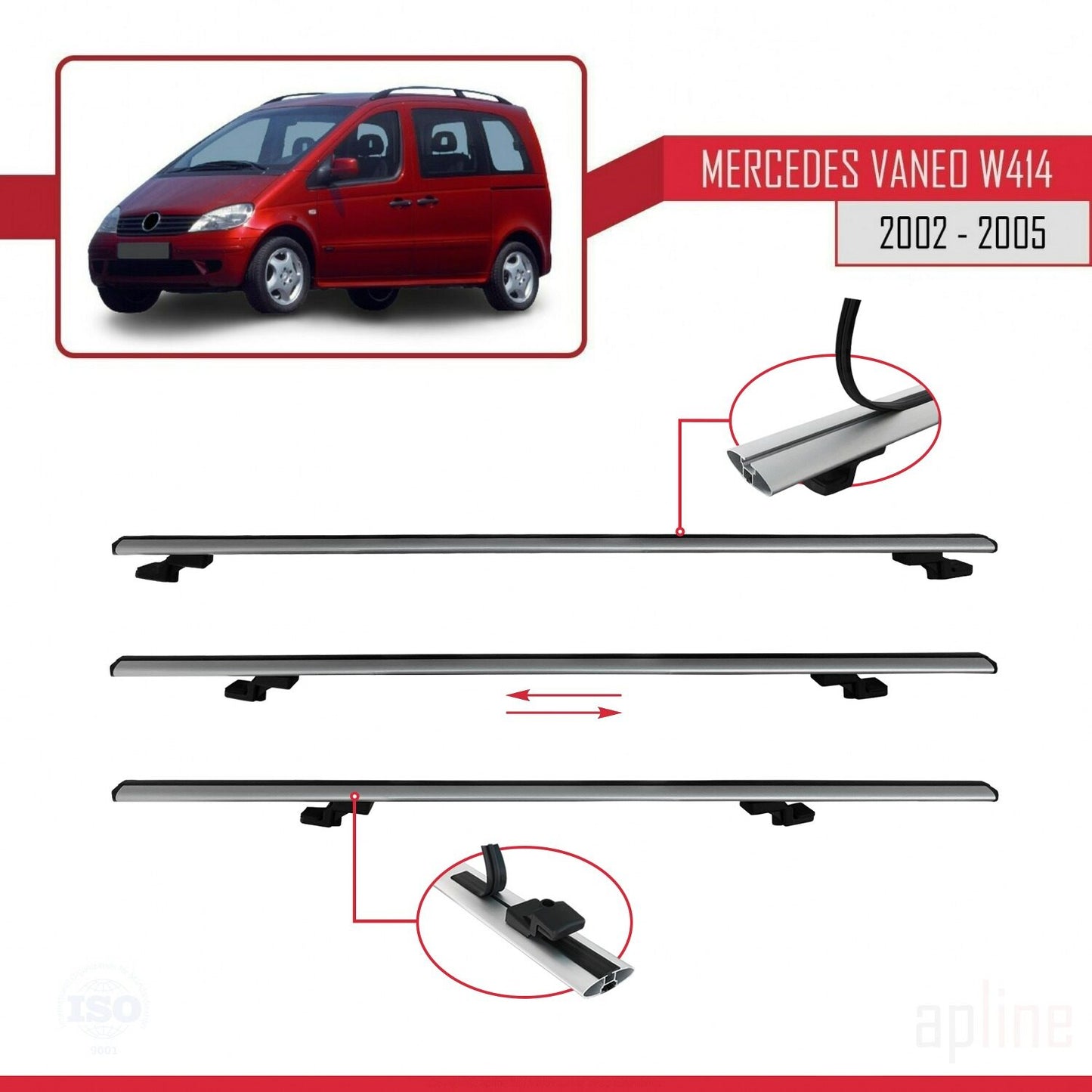 Compatible avec Mercedes Vaneo (W414) 2002-2005 BASIC Model Barres de Toit Railing Porte-Bagages de Voiture Gris Aluminium 3 Barres