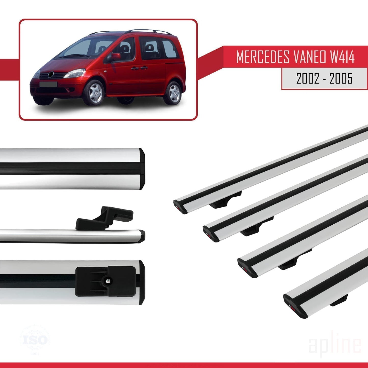 Compatible avec Mercedes Vaneo (W414) 2002-2005 BASIC Model Barres de Toit Railing Porte-Bagages de Voiture Gris Aluminium 4 Barres
