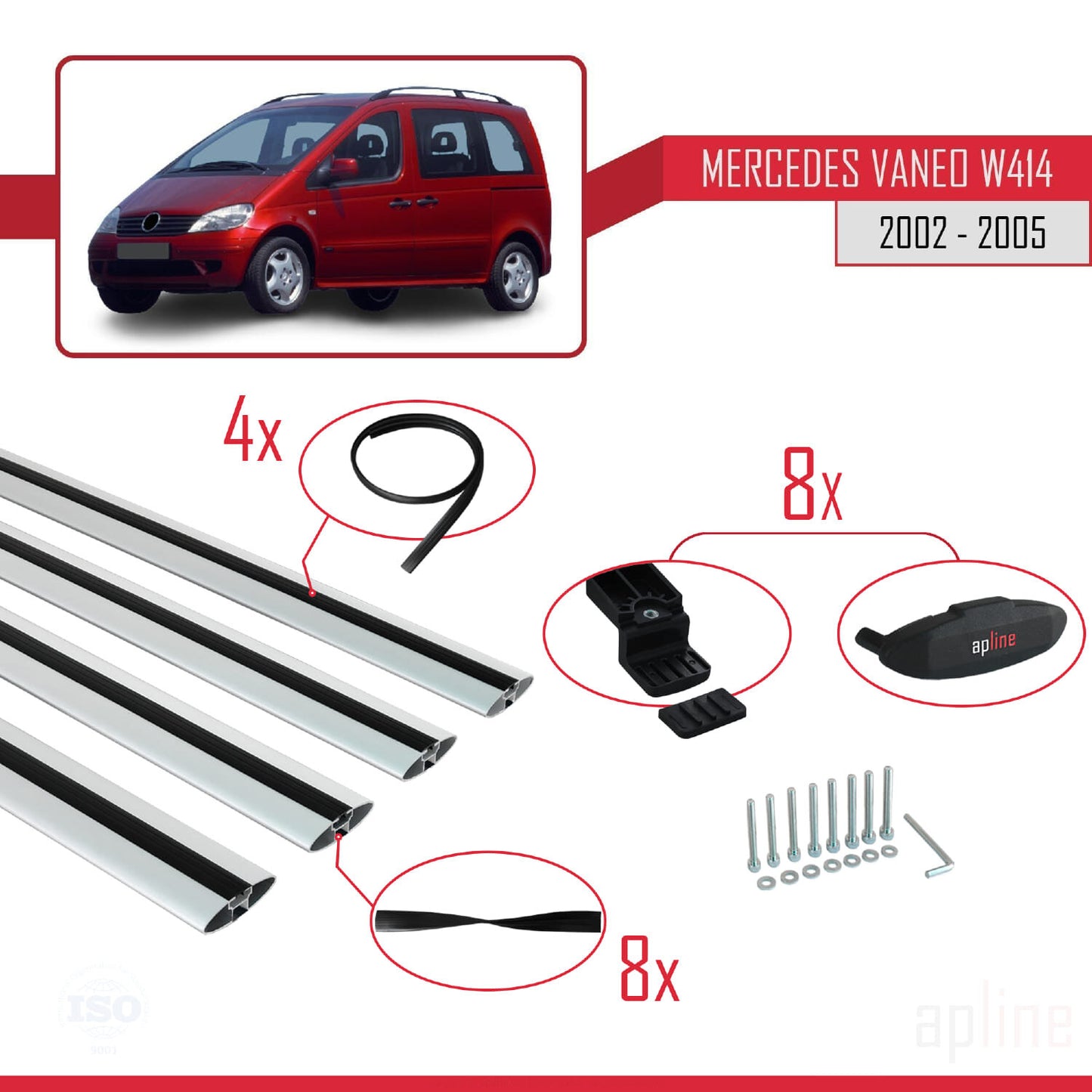 Compatible avec Mercedes Vaneo (W414) 2002-2005 BASIC Model Barres de Toit Railing Porte-Bagages de Voiture Gris Aluminium 4 Barres