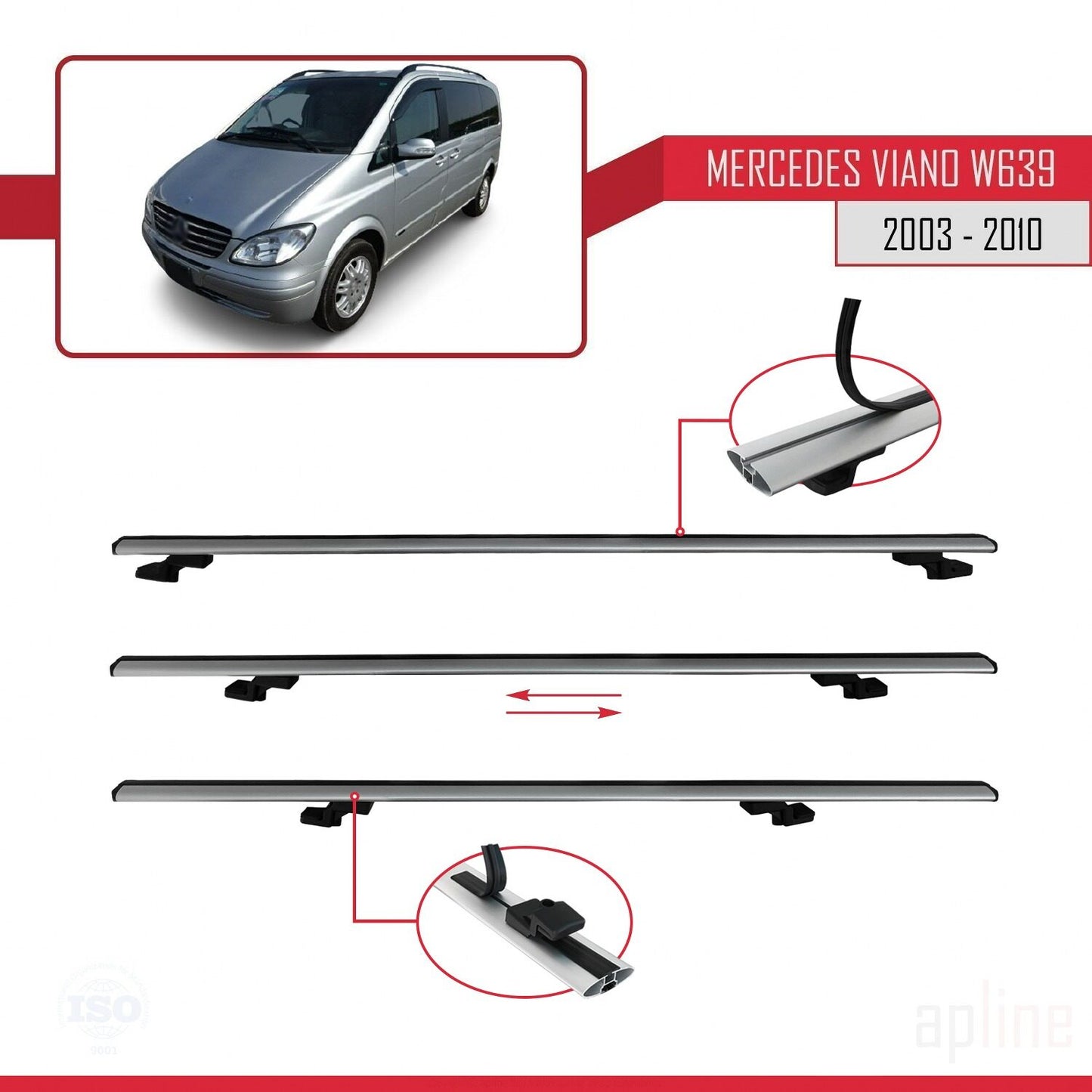 Compatible with Mercedes Viano 2 (W639) Pre-Facelift 2003-2010 BASIC Model Car Roof Rack Cross Bar Grey Aluminium 3 Bars