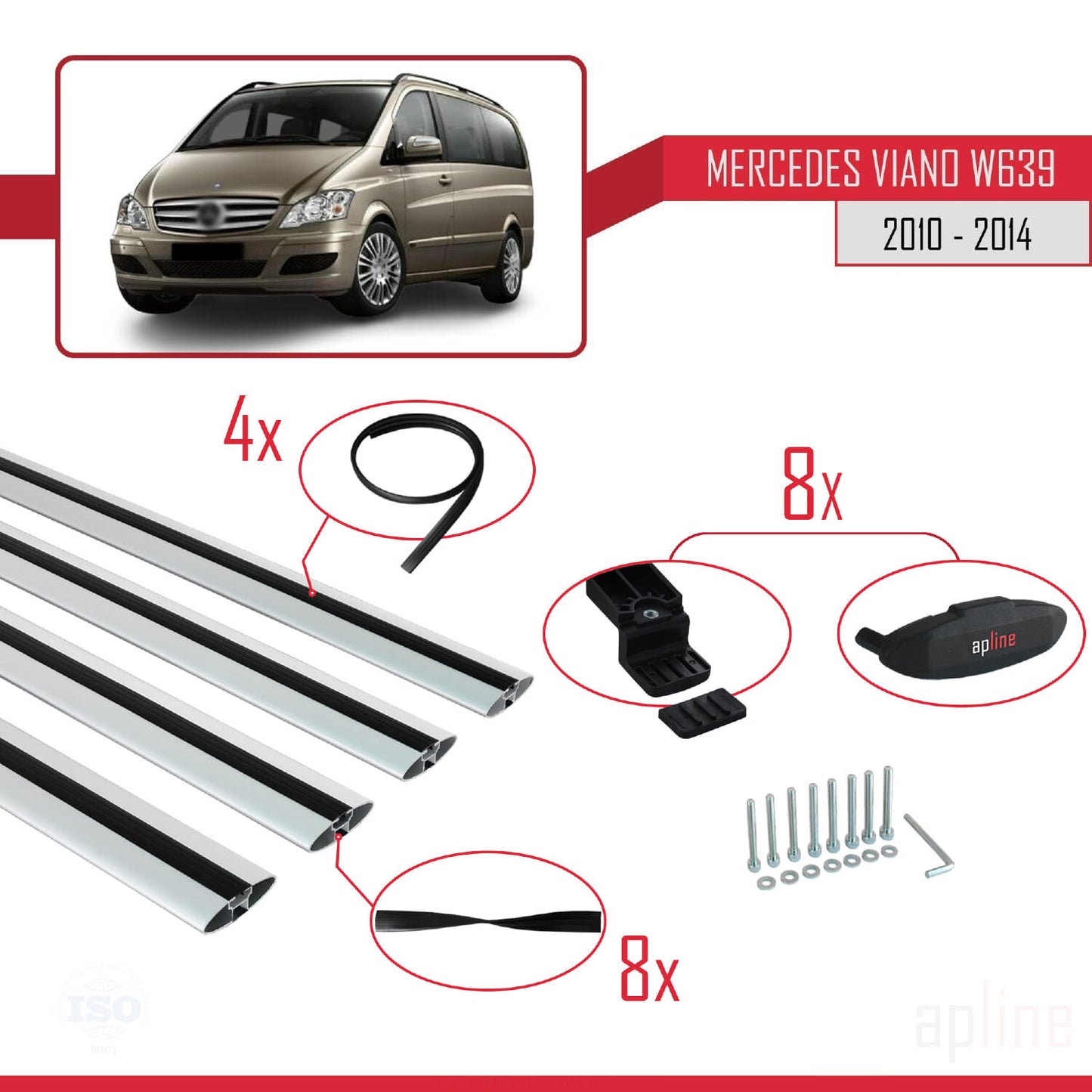 Compatible with Mercedes Viano 2 (W639) Post-Facelift 2010-2014 BASIC Model Car Roof Rack Cross Bar Grey Aluminium 4 Bars