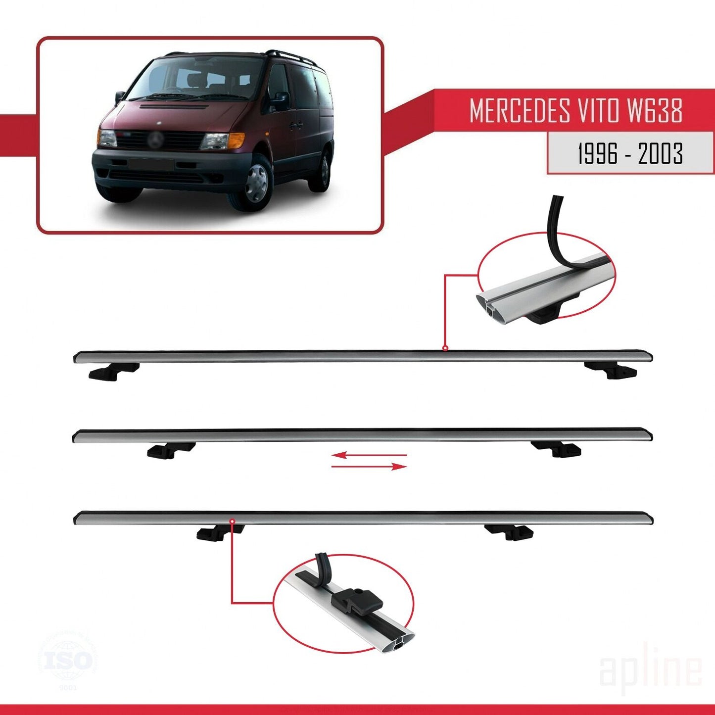 Compatible with Mercedes Vito (W638) 1996-2003 BASIC Model Car Roof Rack Cross Bar Grey Aluminium 3 Bars