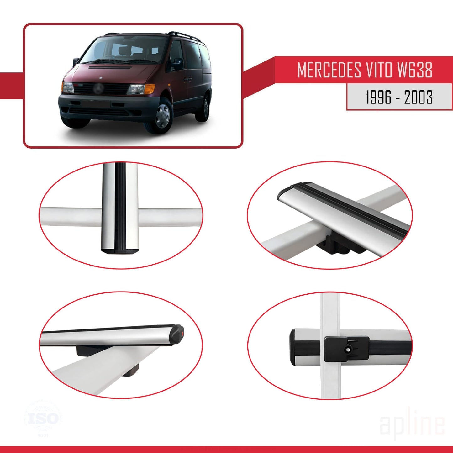 Compatible with Mercedes Vito (W638) 1996-2003 BASIC Model Car Roof Rack Cross Bar Grey Aluminium 4 Bars