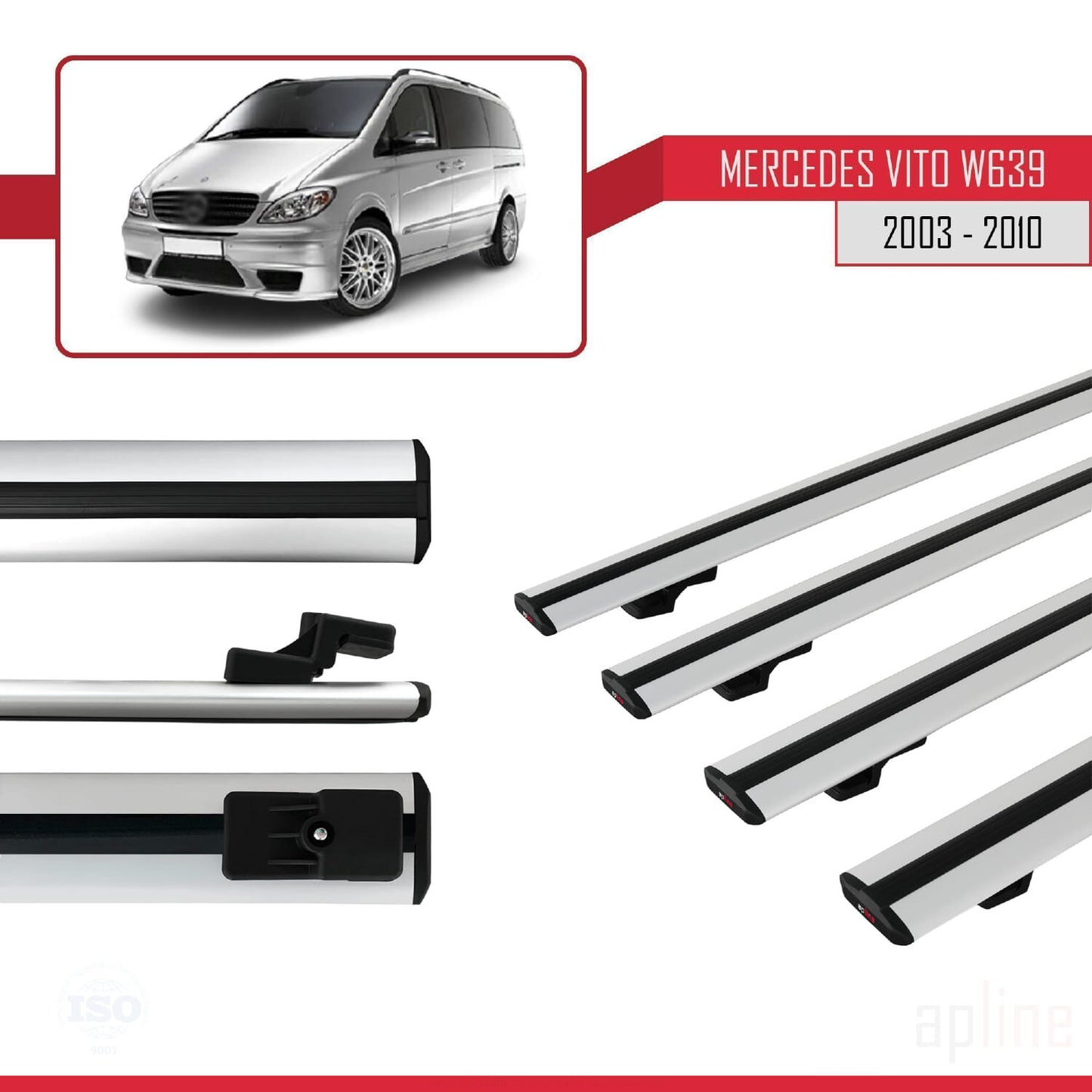 Compatible with Mercedes Vito 2 (W639) Pre-Facelift 2003-2010 BASIC Model Car Roof Rack Cross Bar Grey Aluminium 4 Bars