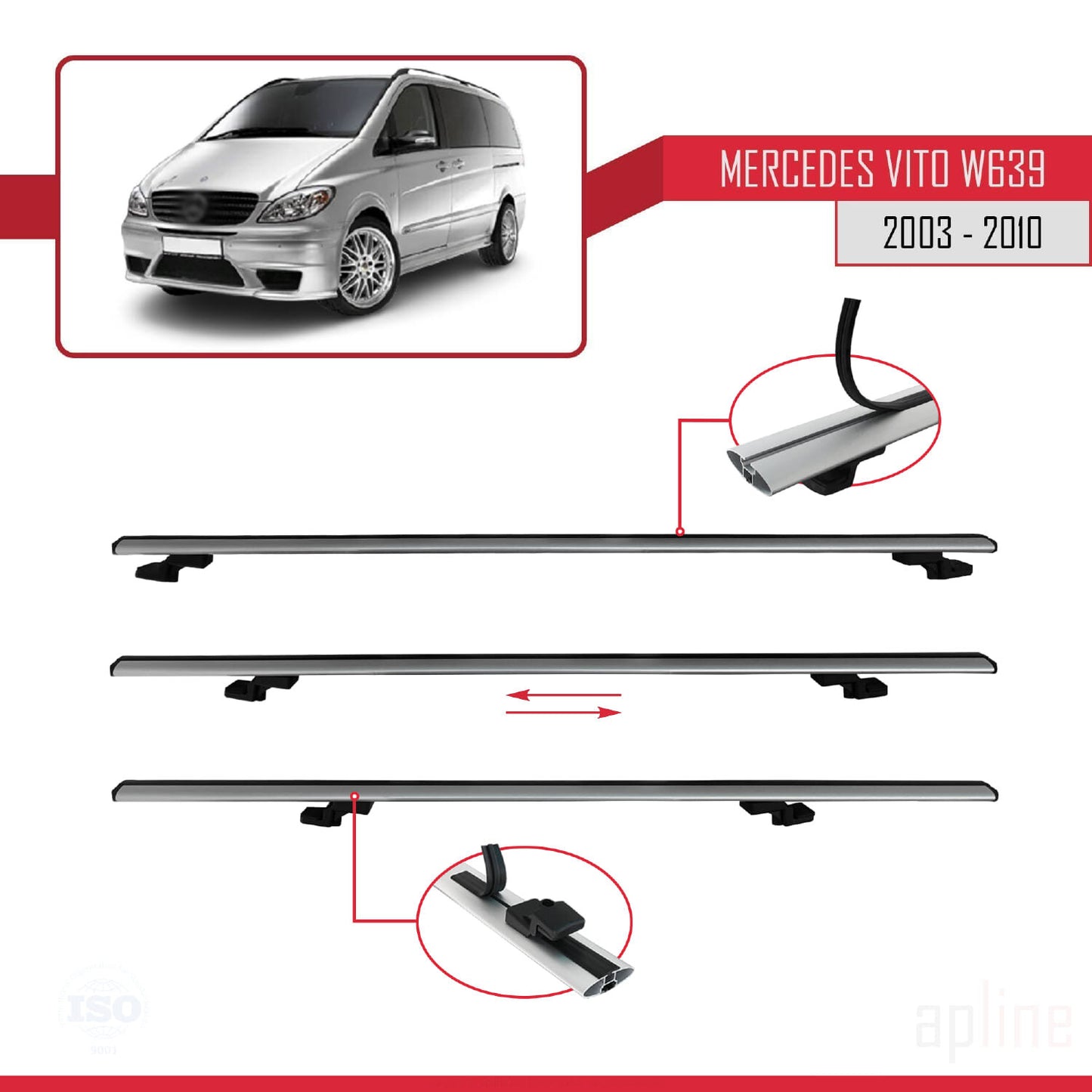 Compatible with Mercedes Vito 2 (W639) Pre-Facelift 2003-2010 BASIC Model Car Roof Rack Cross Bar Grey Aluminium 4 Bars