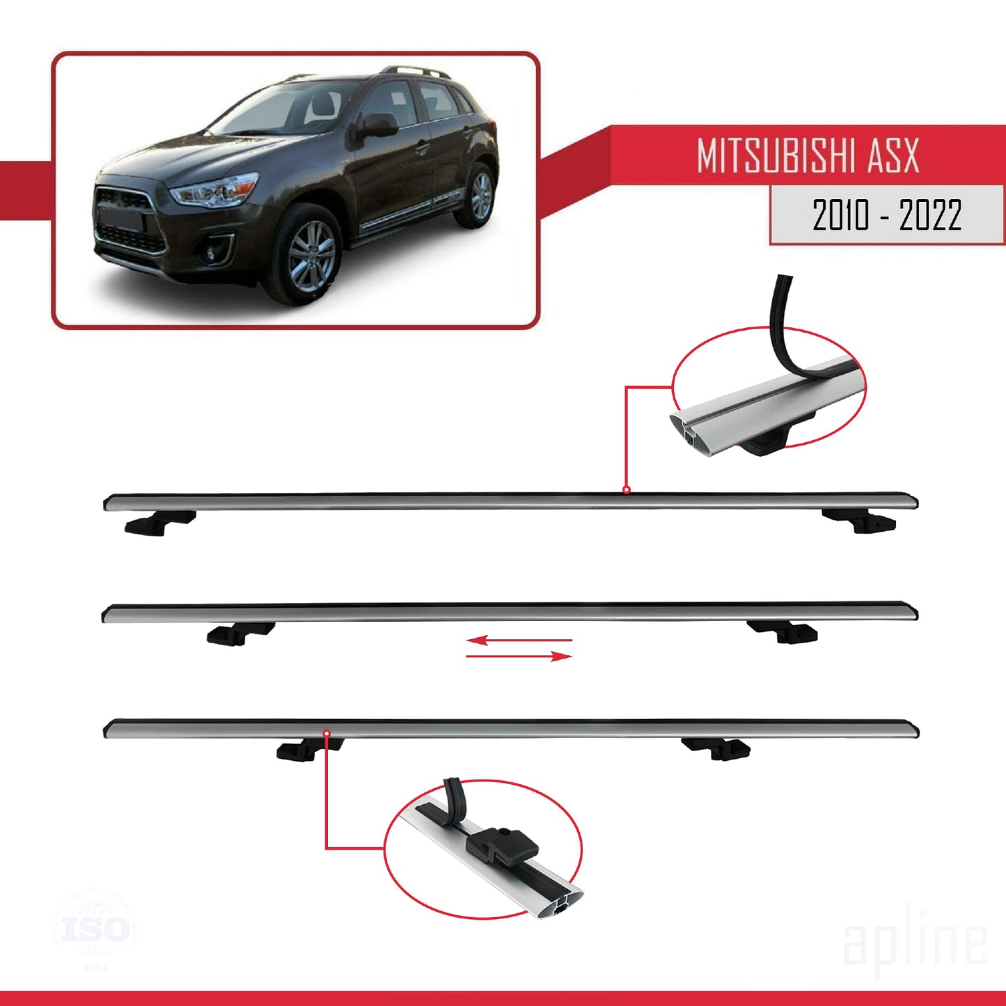 Compatible with Mitsubishi ASX (GA) 2010-2022 BASIC Model Car Roof Rack Cross Bar Grey Aluminium 3 Bars
