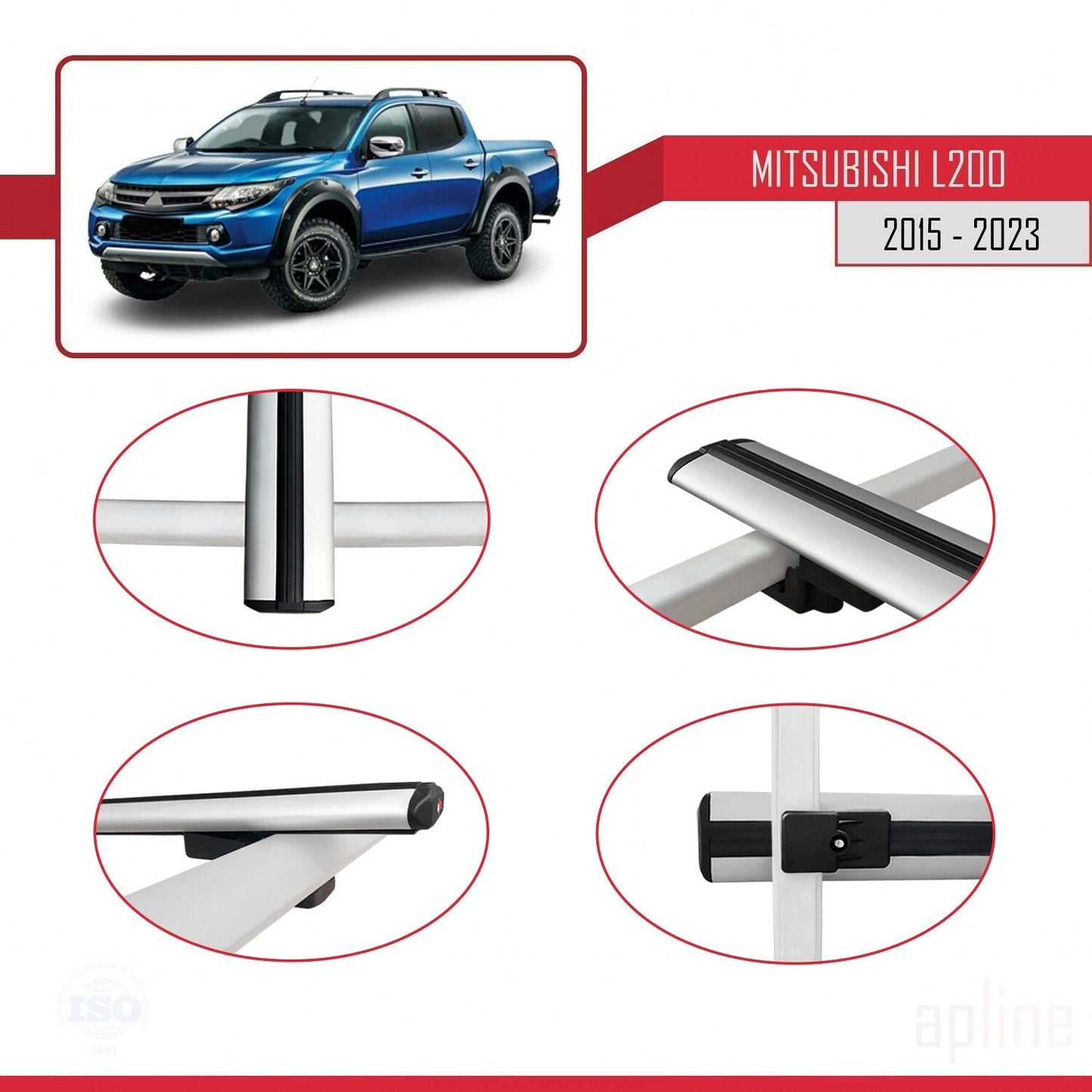 Compatible avec Mitsubishi L200 V 2015-2023 BASIC Model Barres de Toit Railing Porte-Bagages de Voiture Gris Aluminium 2 Barres