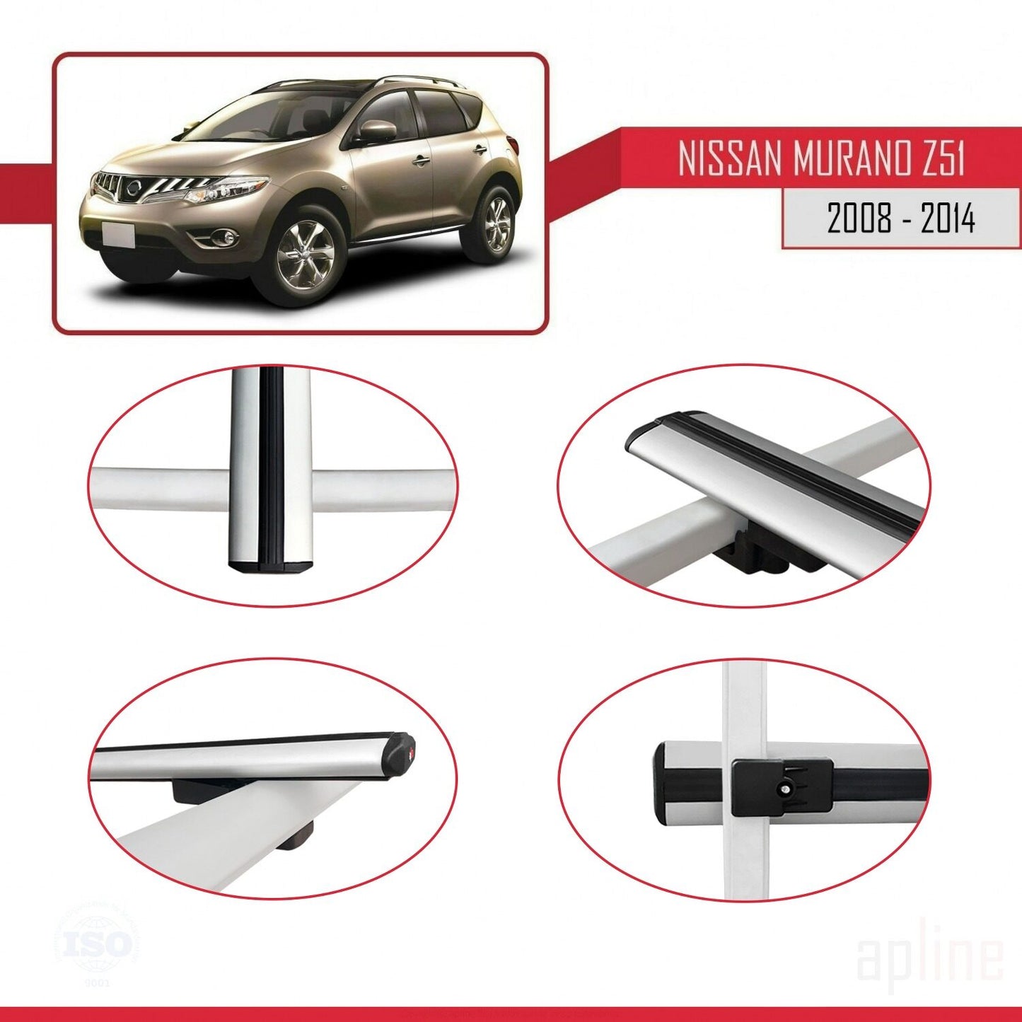 Compatible avec Nissan Murano 2 (Z51) 2008-2014 BASIC Model Barres de Toit Railing Porte-Bagages de Voiture Gris Aluminium 3 Barres