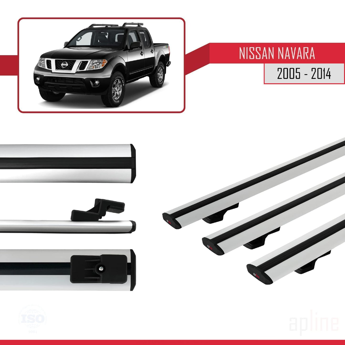 Compatible avec Nissan Navara 3 (D40) 2005-2014 BASIC Model Barres de Toit Railing Porte-Bagages de Voiture Gris Aluminium 3 Barres