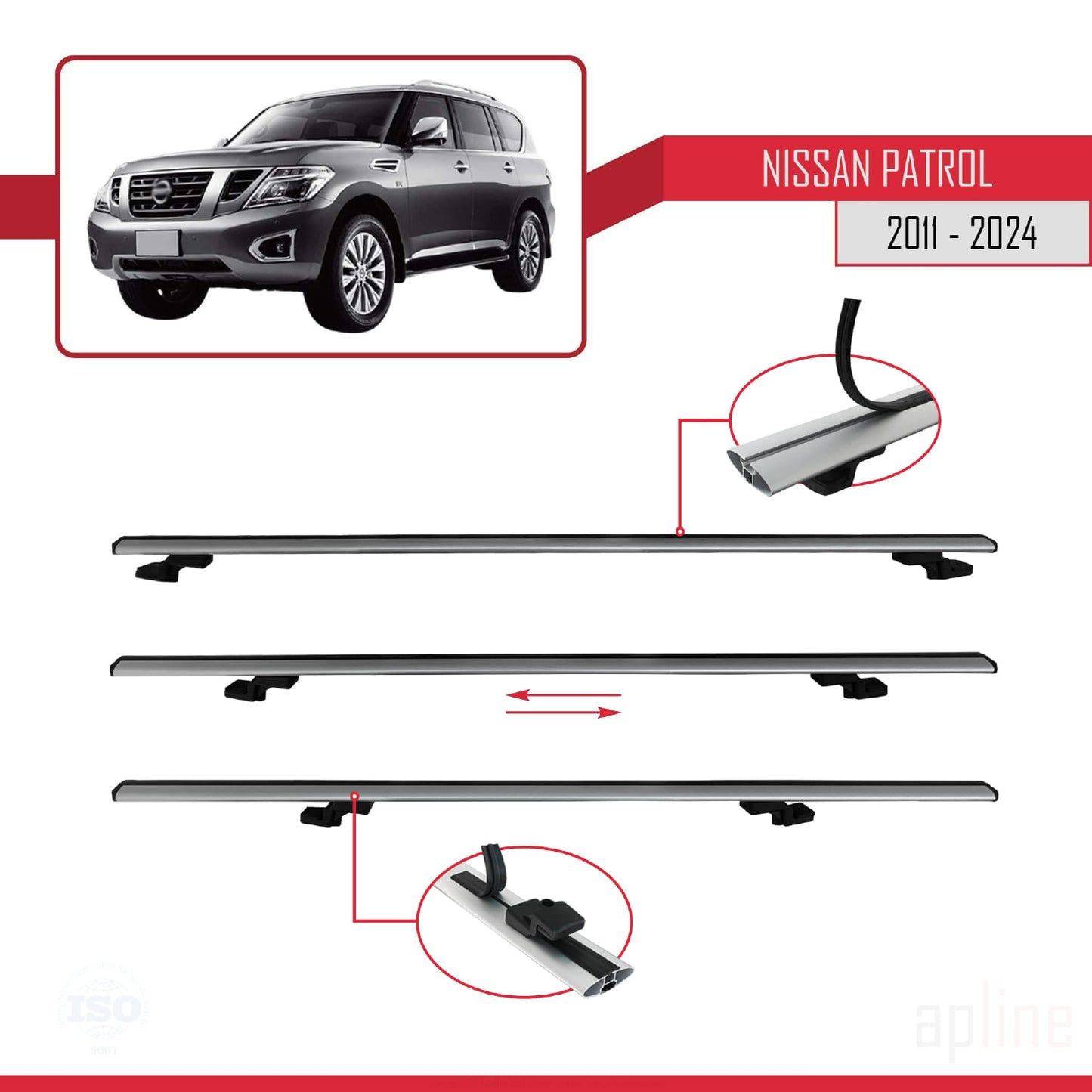 Compatible avec Nissan Patrol 6 (Y62) 2011-2024 BASIC Model Barres de Toit Railing Porte-Bagages de Voiture Gris Aluminium 2 Barres