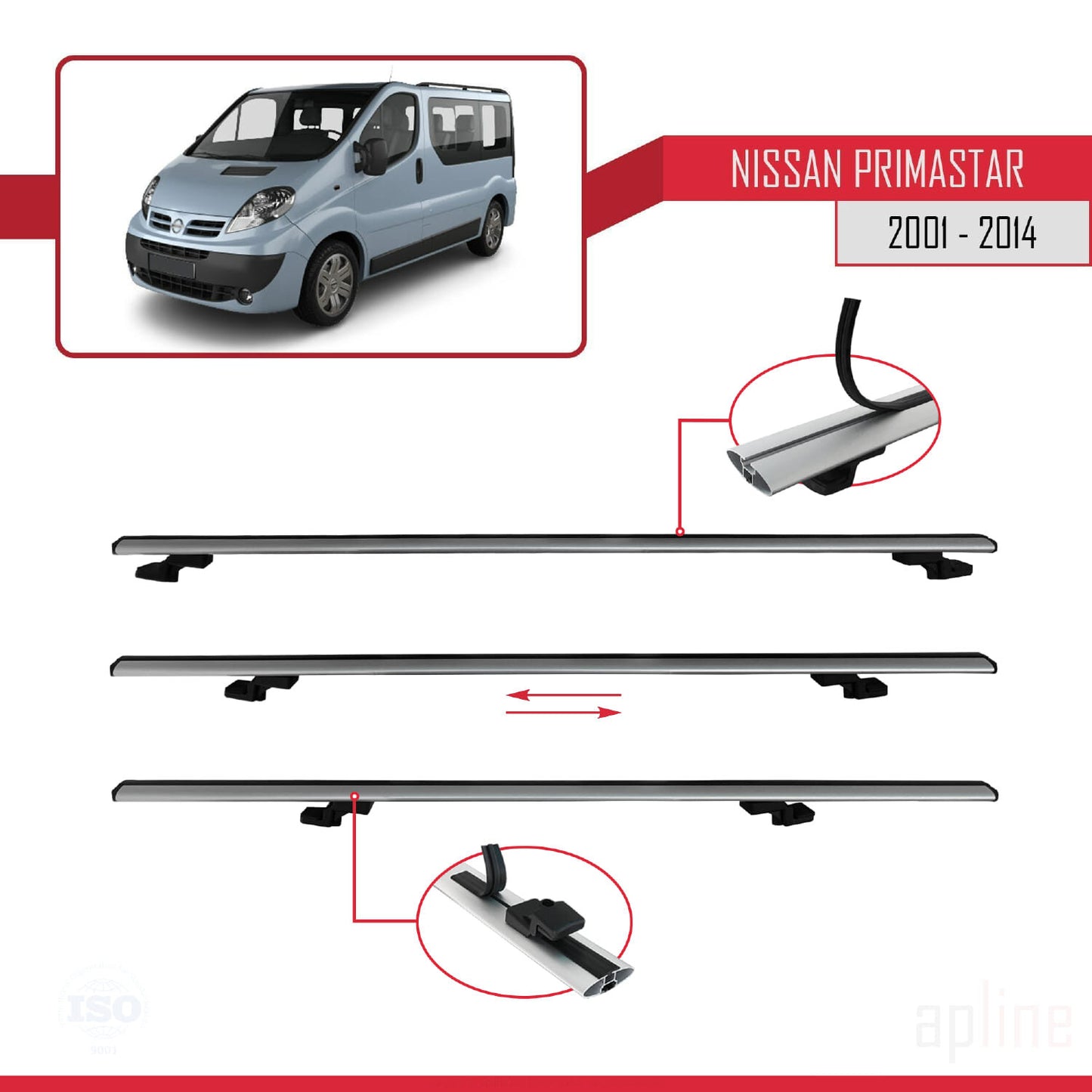 Compatible avec Nissan Primastar 2001-2014 BASIC Model Barres de Toit Railing Porte-Bagages de Voiture Gris Aluminium 4 Barres