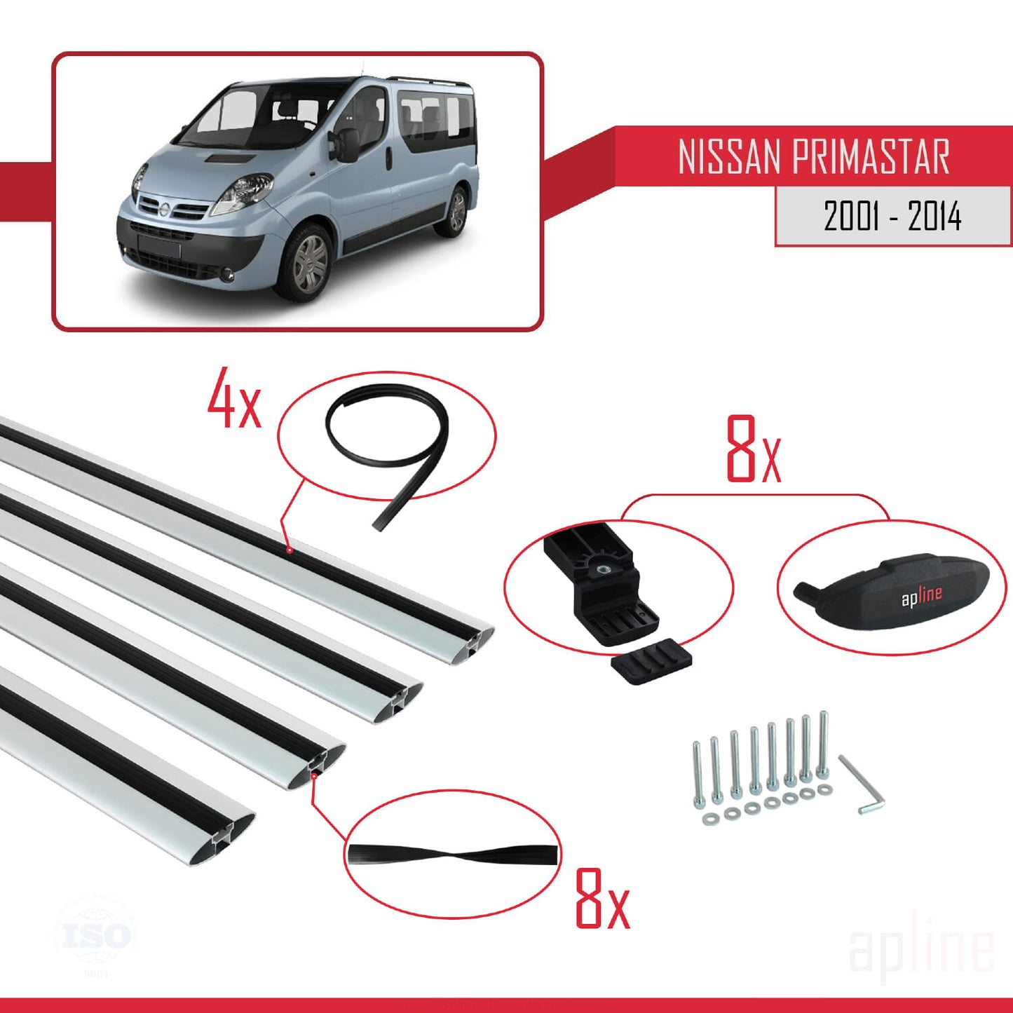 Compatible avec Nissan Primastar 2001-2014 BASIC Model Barres de Toit Railing Porte-Bagages de Voiture Gris Aluminium 4 Barres