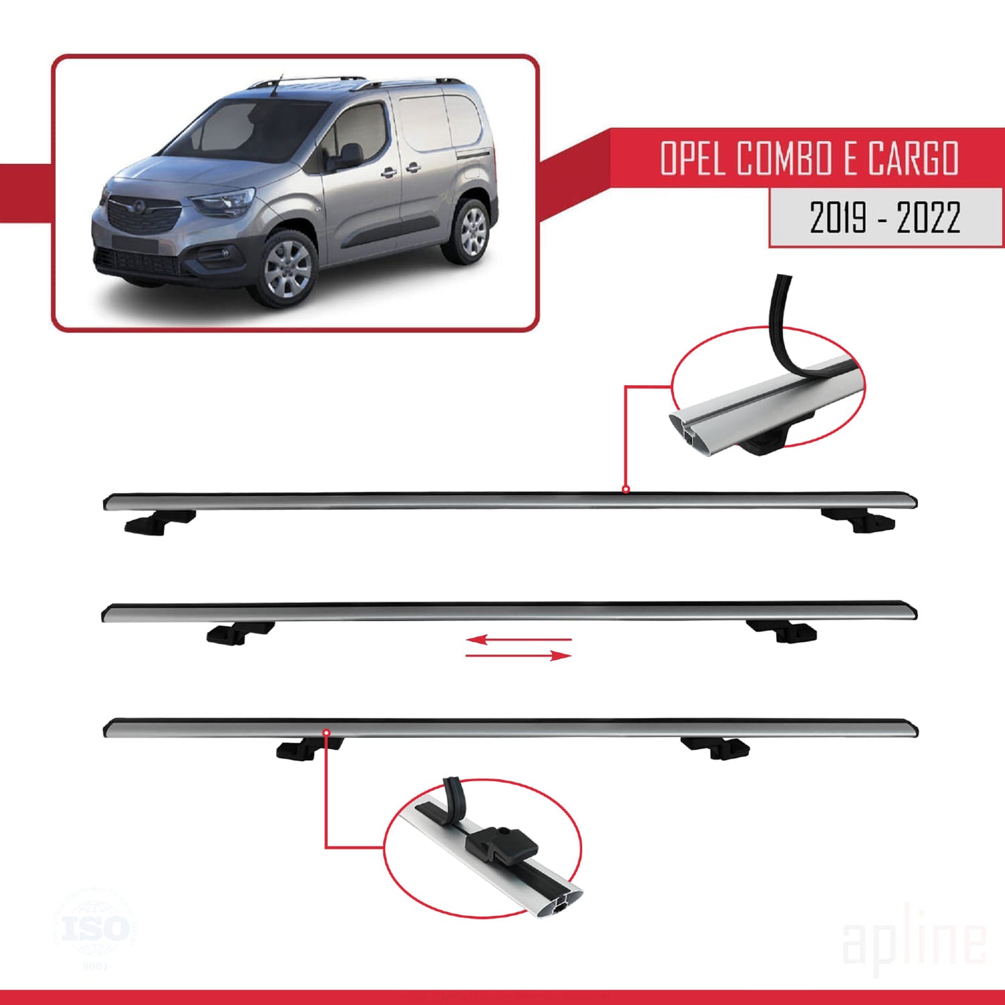 Compatible with Opel Combo E Cargo 2019-2022 BASIC Model Car Roof Rack Cross Bar Grey Aluminium 3 Bars