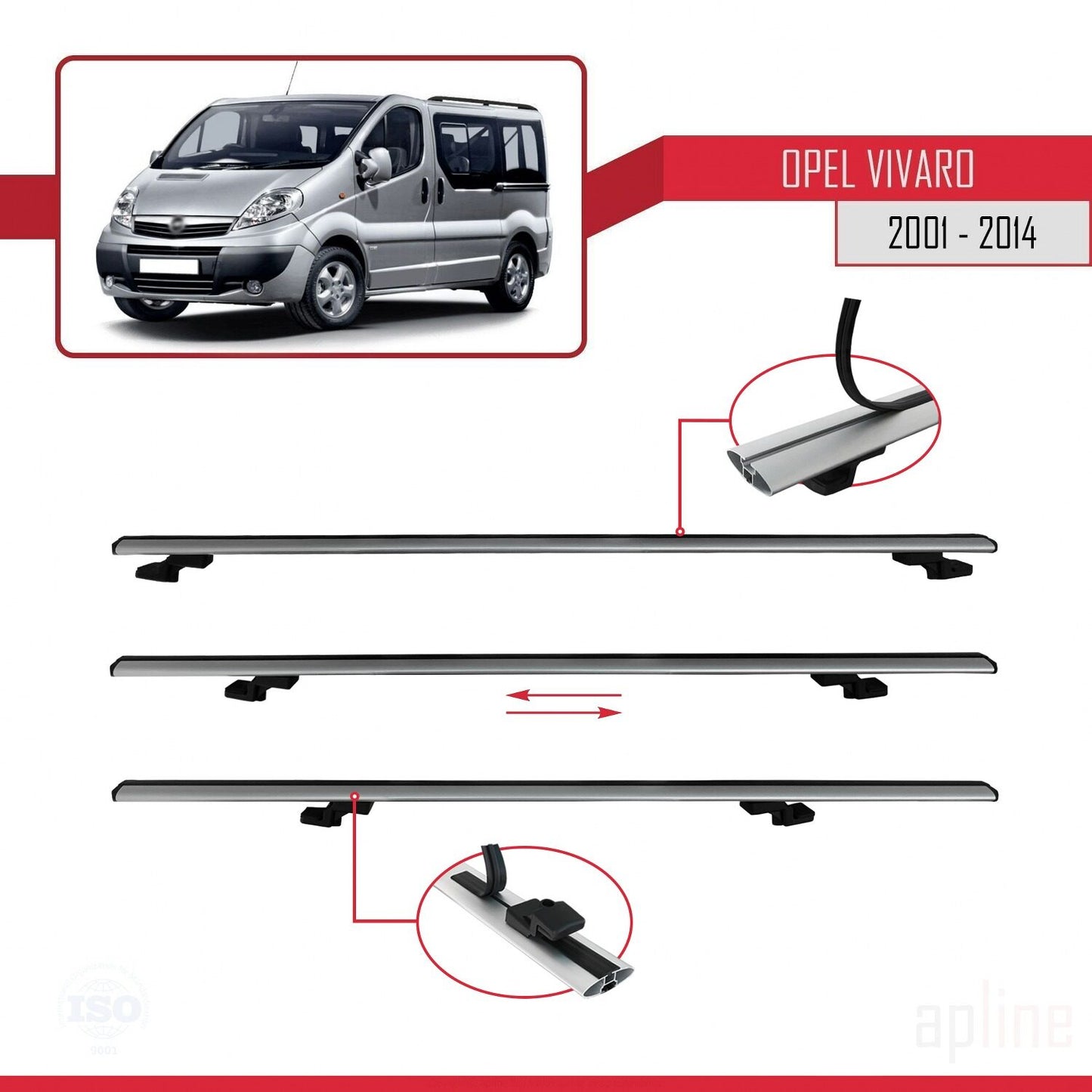 Compatible with Opel Vivaro A 2001-2014 BASIC Model Car Roof Rack Cross Bar Grey Aluminium 3 Bars