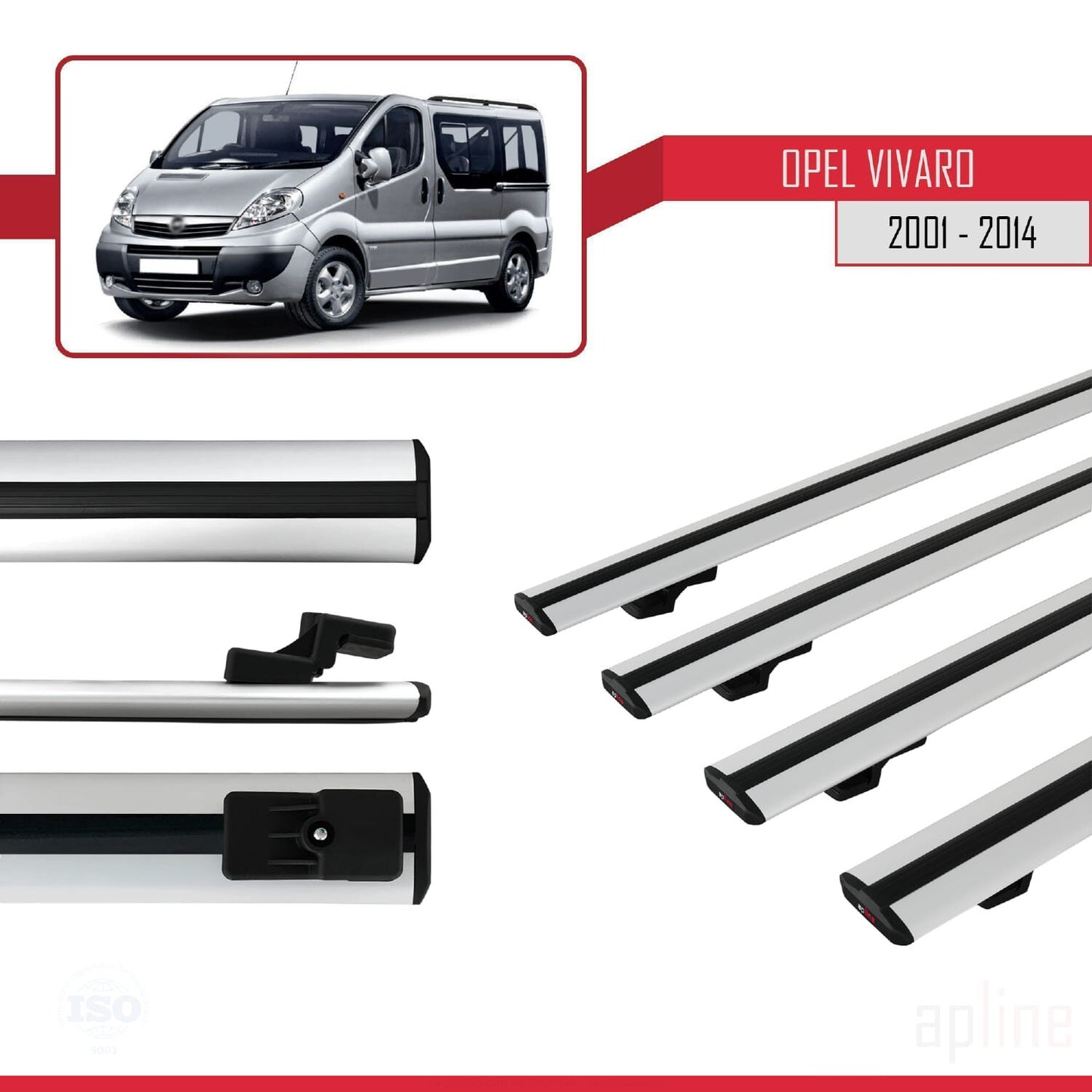 Compatible with Opel Vivaro A 2001-2014 BASIC Model Car Roof Rack Cross Bar Grey Aluminium 4 Bars