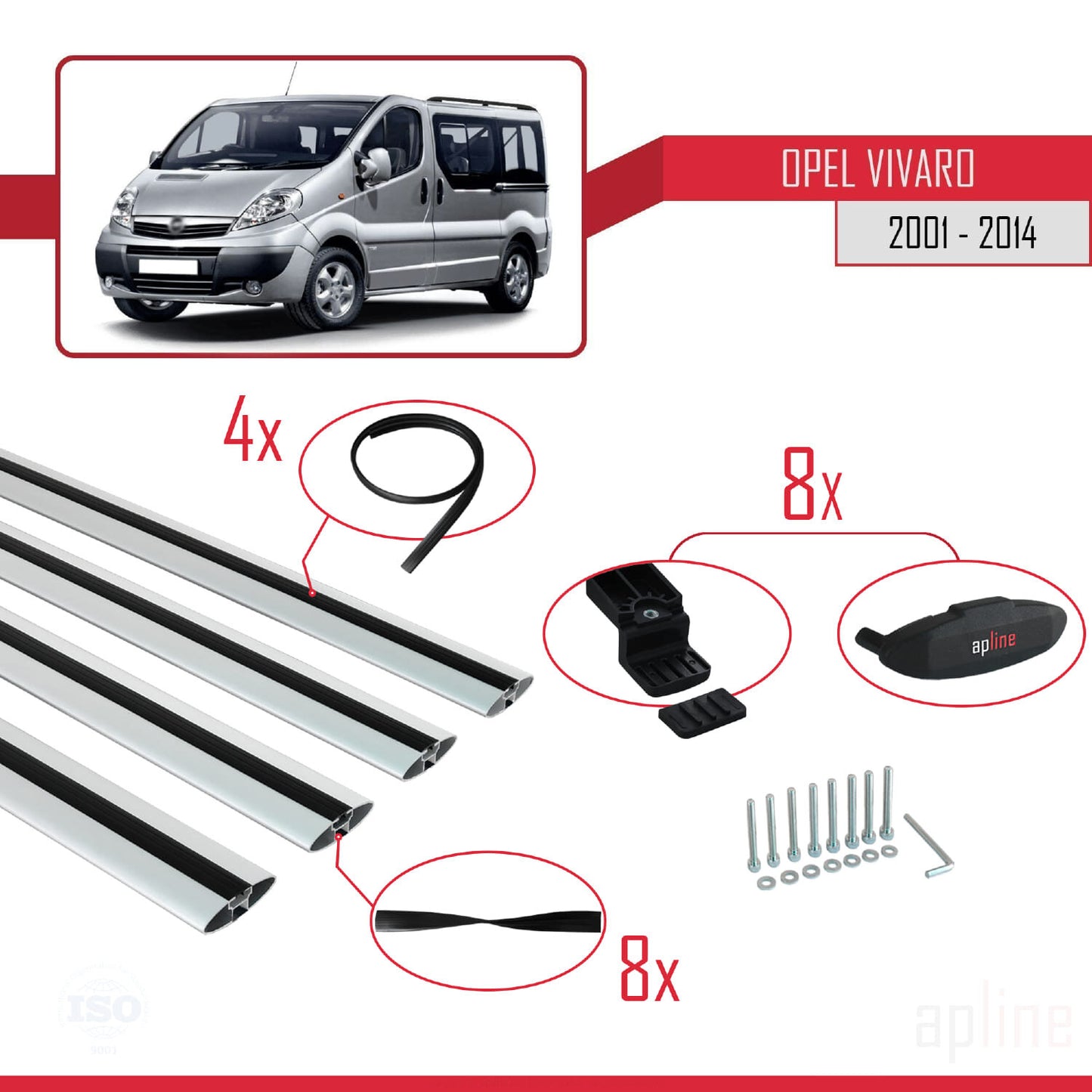 Compatible with Opel Vivaro A 2001-2014 BASIC Model Car Roof Rack Cross Bar Grey Aluminium 4 Bars