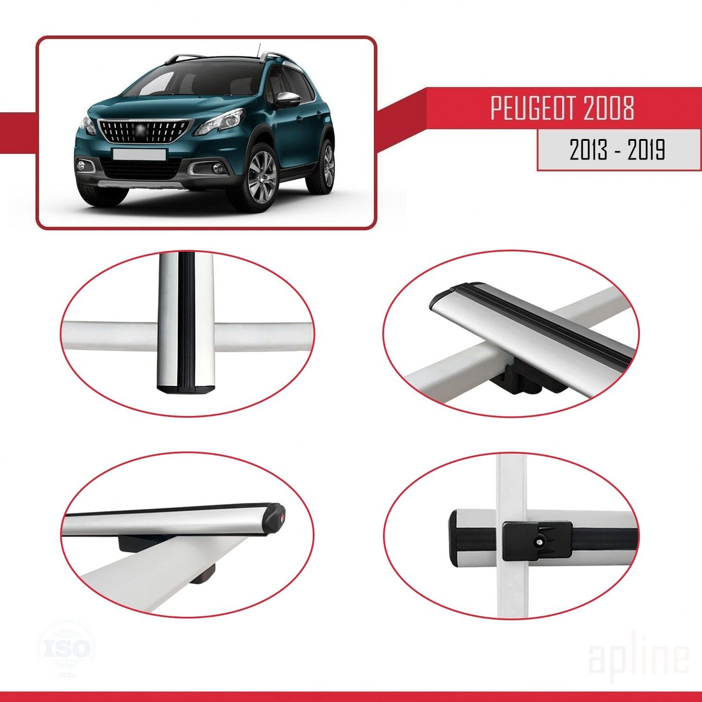 Compatible with Peugeot 2008 (A94) 2013-2019 BASIC Model Car Roof Rack Cross Bar Grey Aluminium 3 Bars